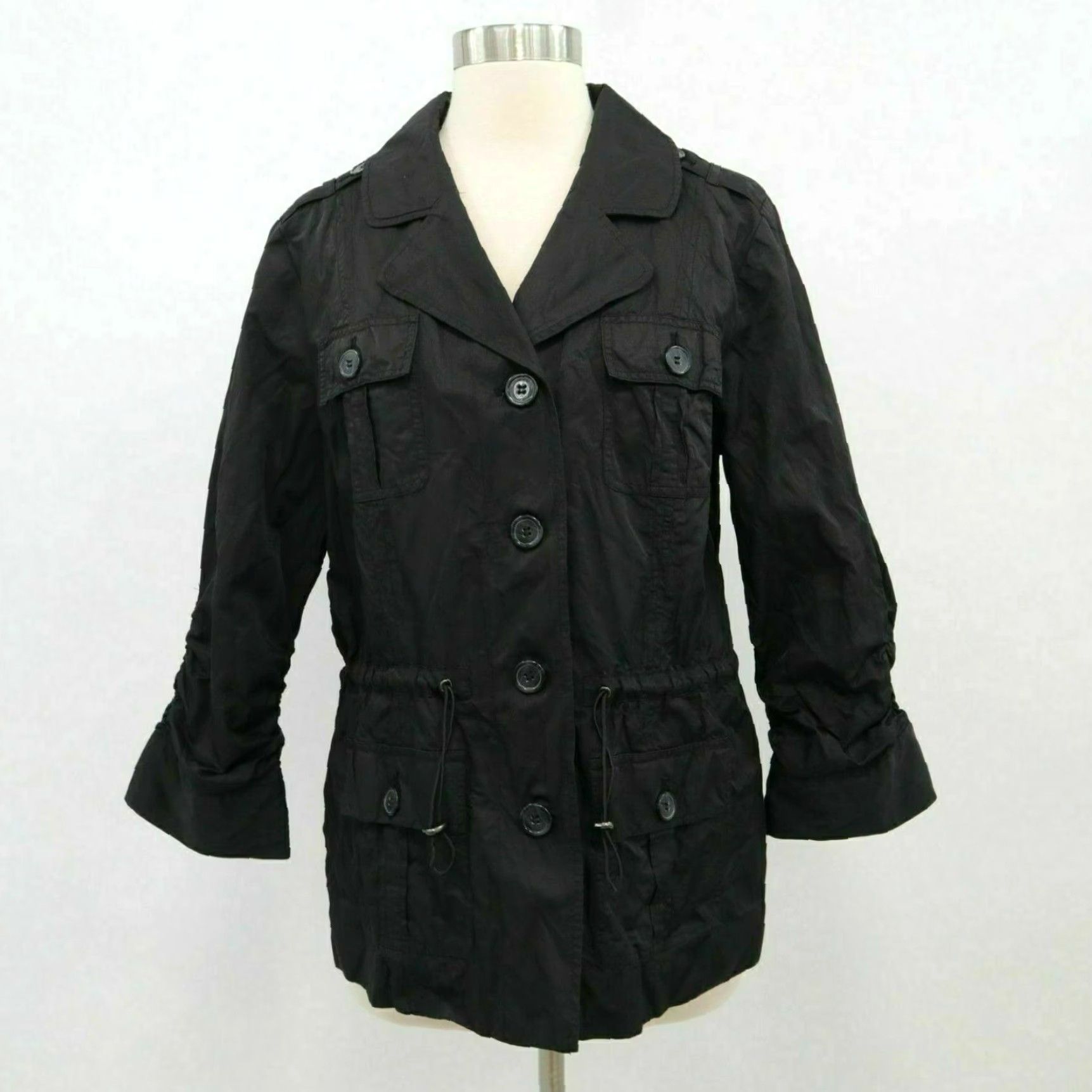 Vintage Chico's Black Medium Parka Jacket For Women With Ruched Sleeves And Drawstring Details in White