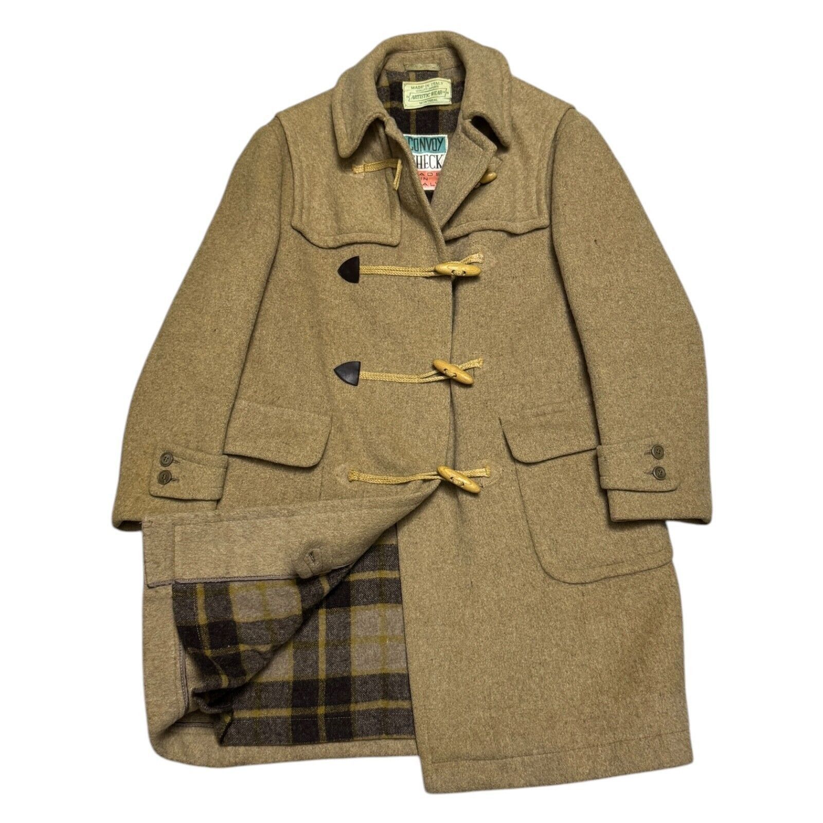 Vintage Convoy Check Wool Made In Italy Pea Coat Jacket in Tan, Women's (Size Medium)