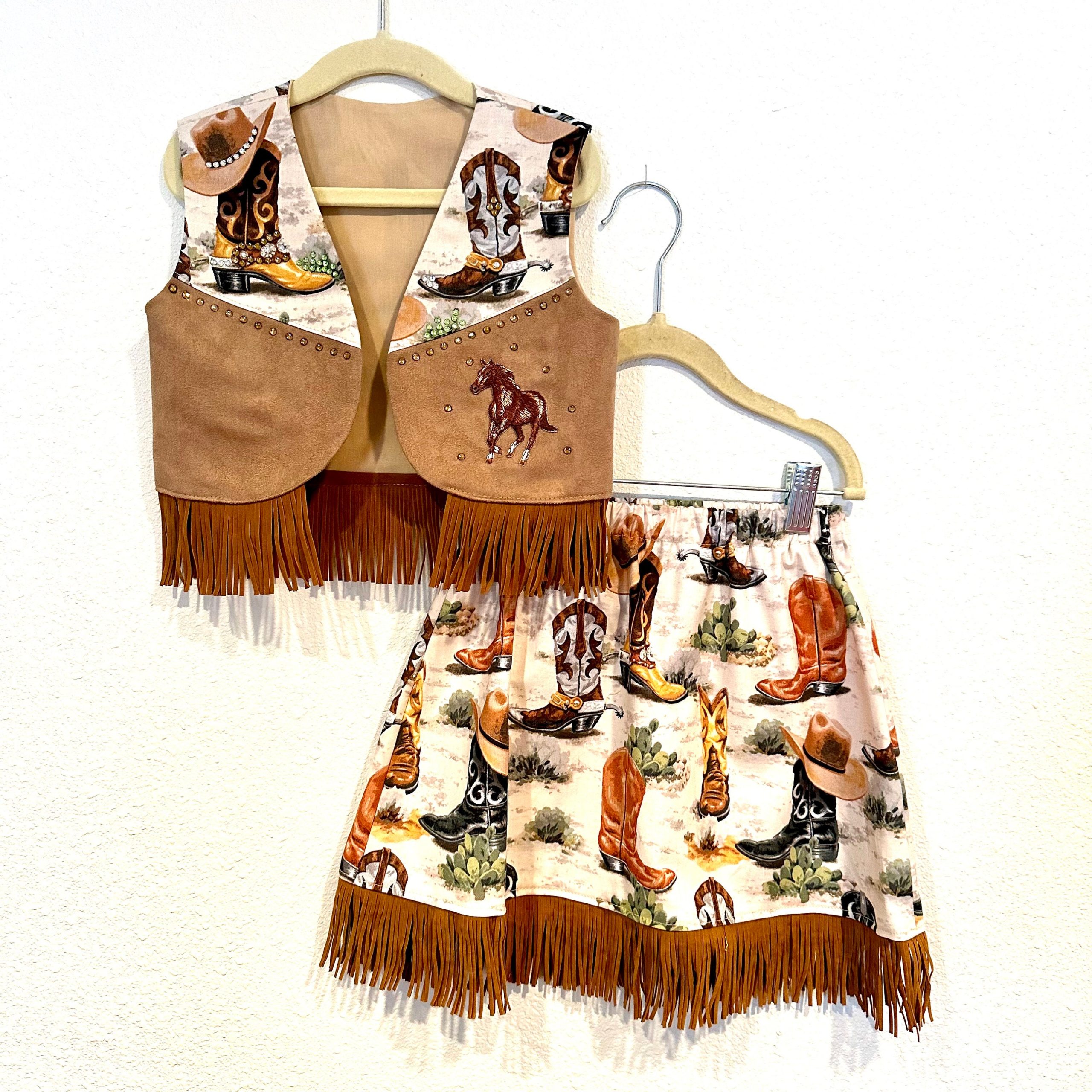 Vintage Cowgirl Pageant Costume, Horse Appliqué On Vest, Cowboy Boot Print Fabric With Rhinestones