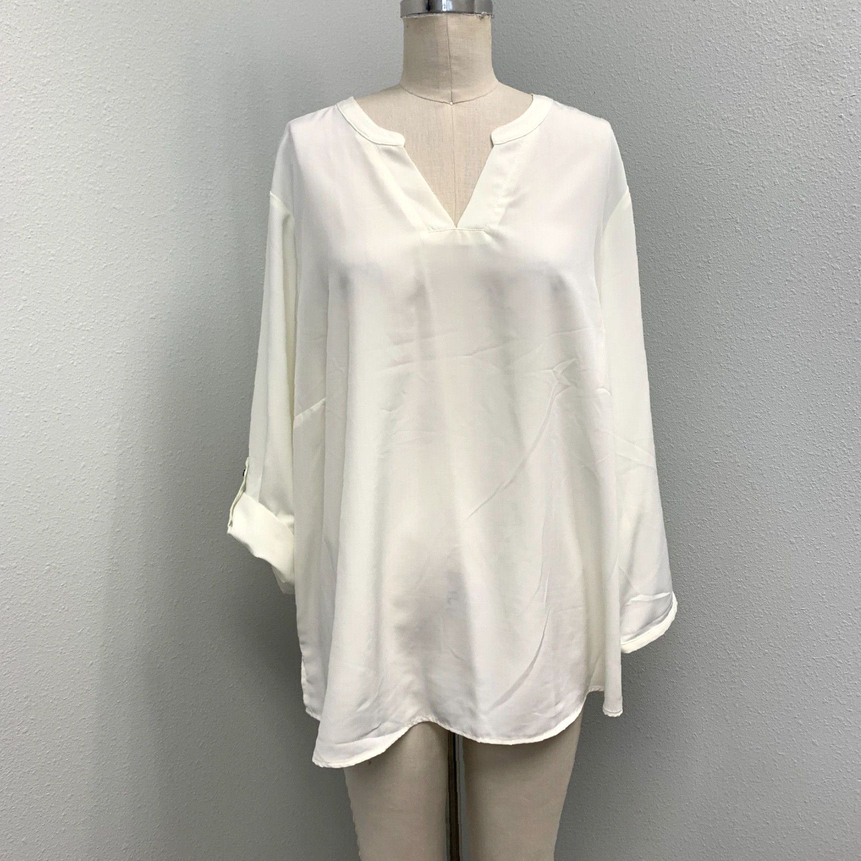 Vintage Creamy White Plus Size Women's Tunic Top With Roll Tab Sleeve By Lands' End Outfitters 22W