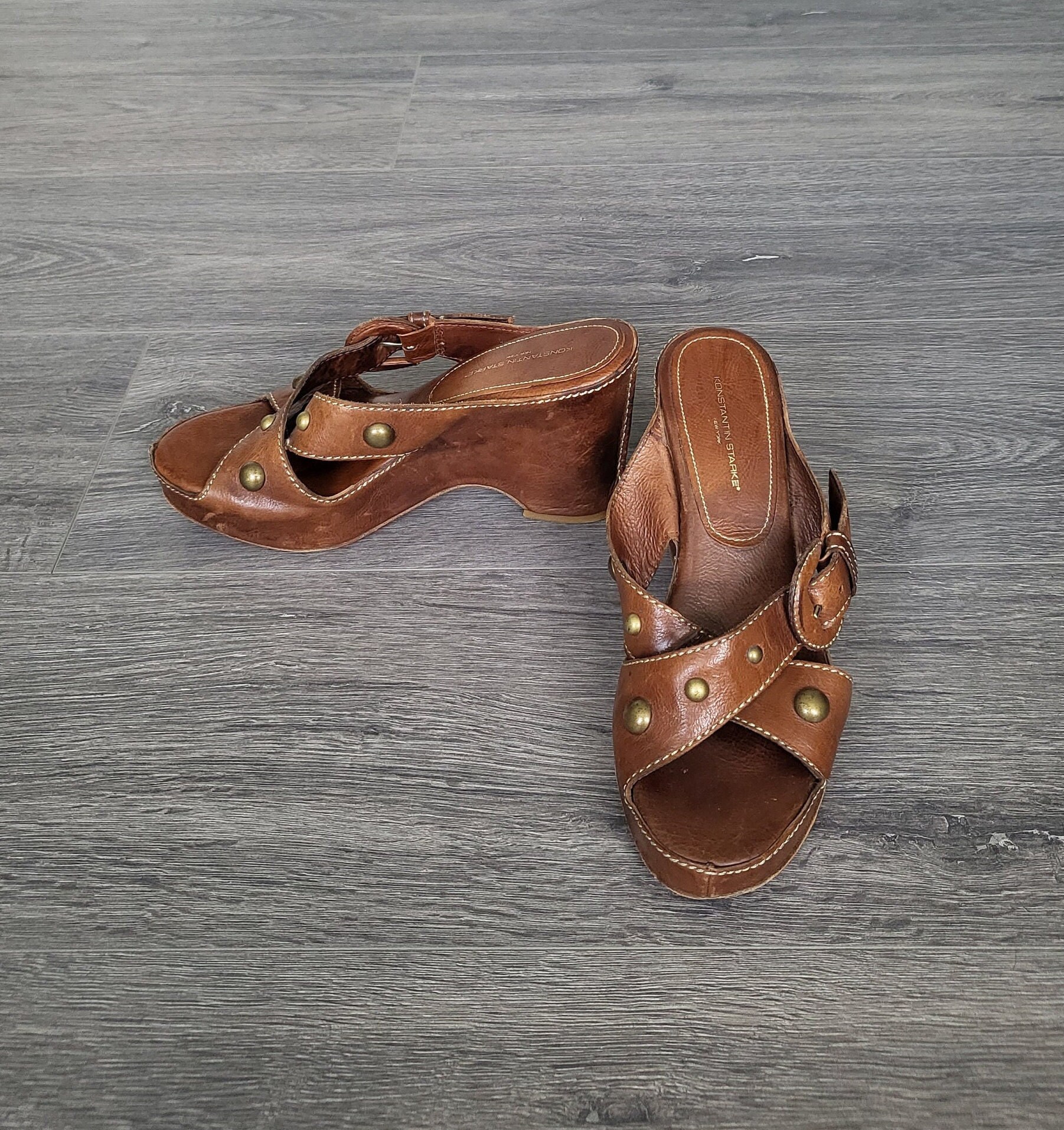 Vintage Criss Cross Brown Leather Women Sandals Platform Mules/Wedge Shoes Size Eu 38 Made in Italy