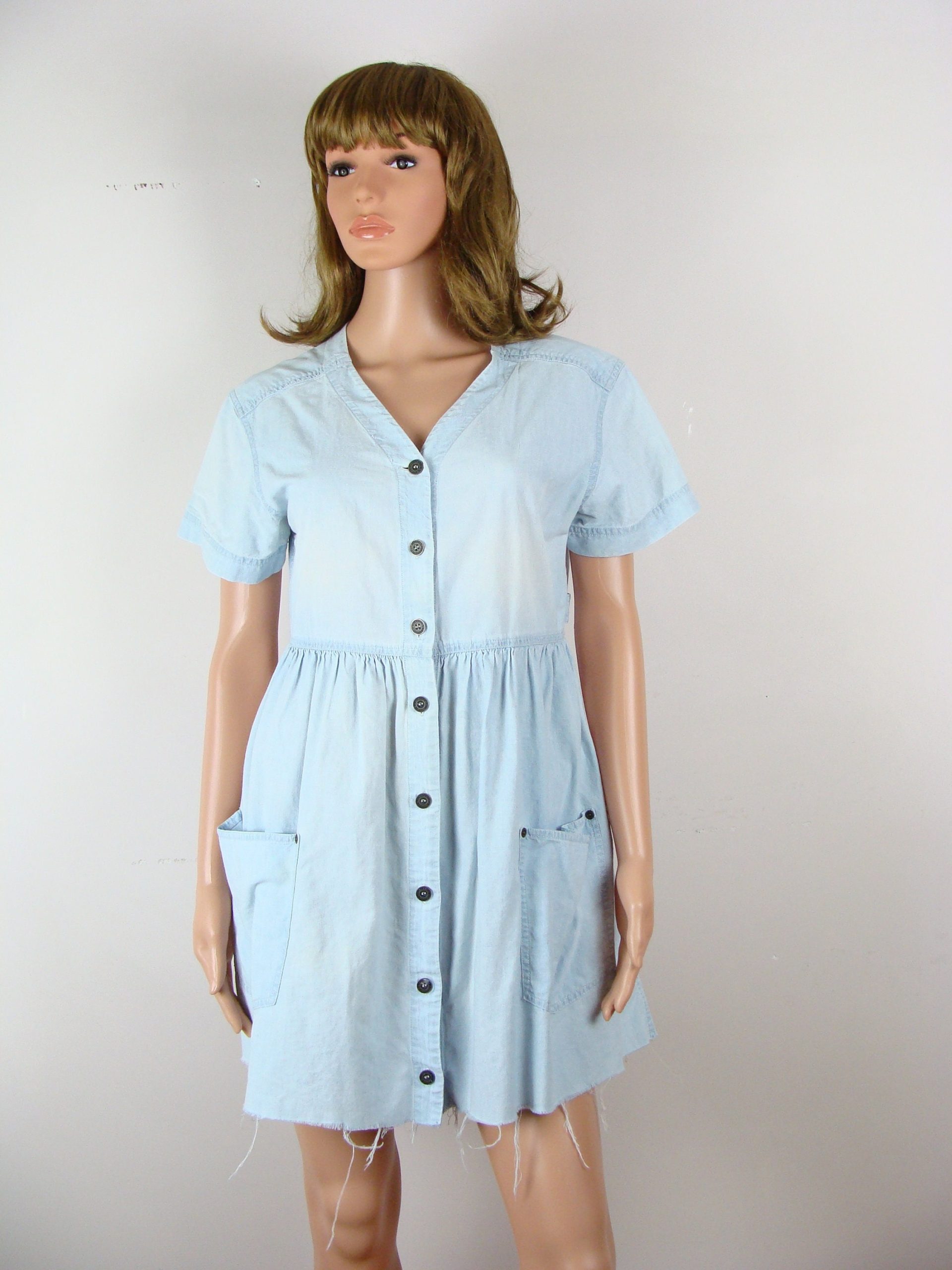 Vintage Denim Dress 90S Lizwear Petite Chambray Cut Off Jean Raw Hem Babydoll 1990S Grunge Light Wash Faded Above The Knee