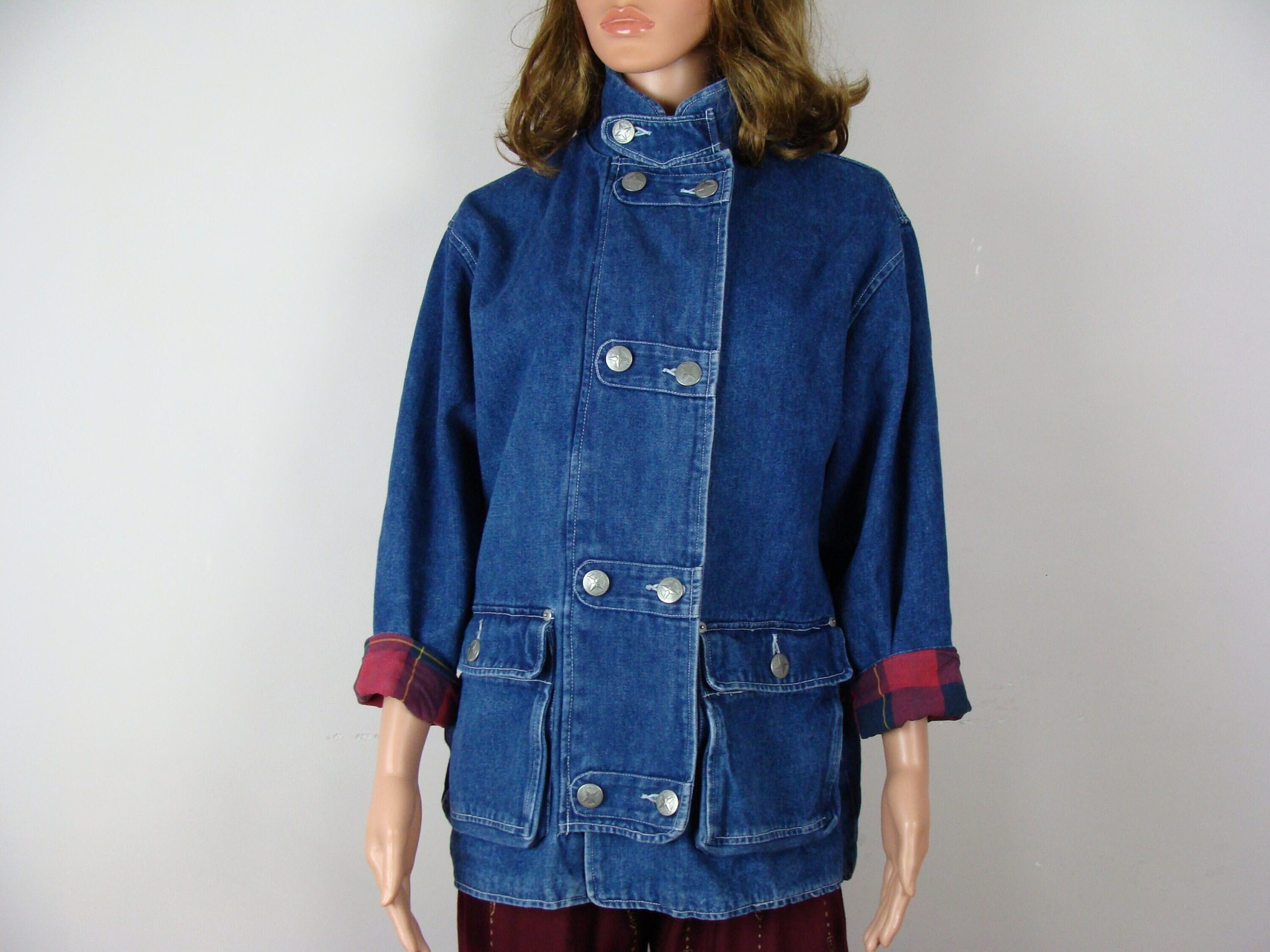 Vintage Denim Jacket 90S Nautica Jean Military Style Plaid Lining High Neck Cargo Pockets Cropped Sleeves Dark Wash Size Medium