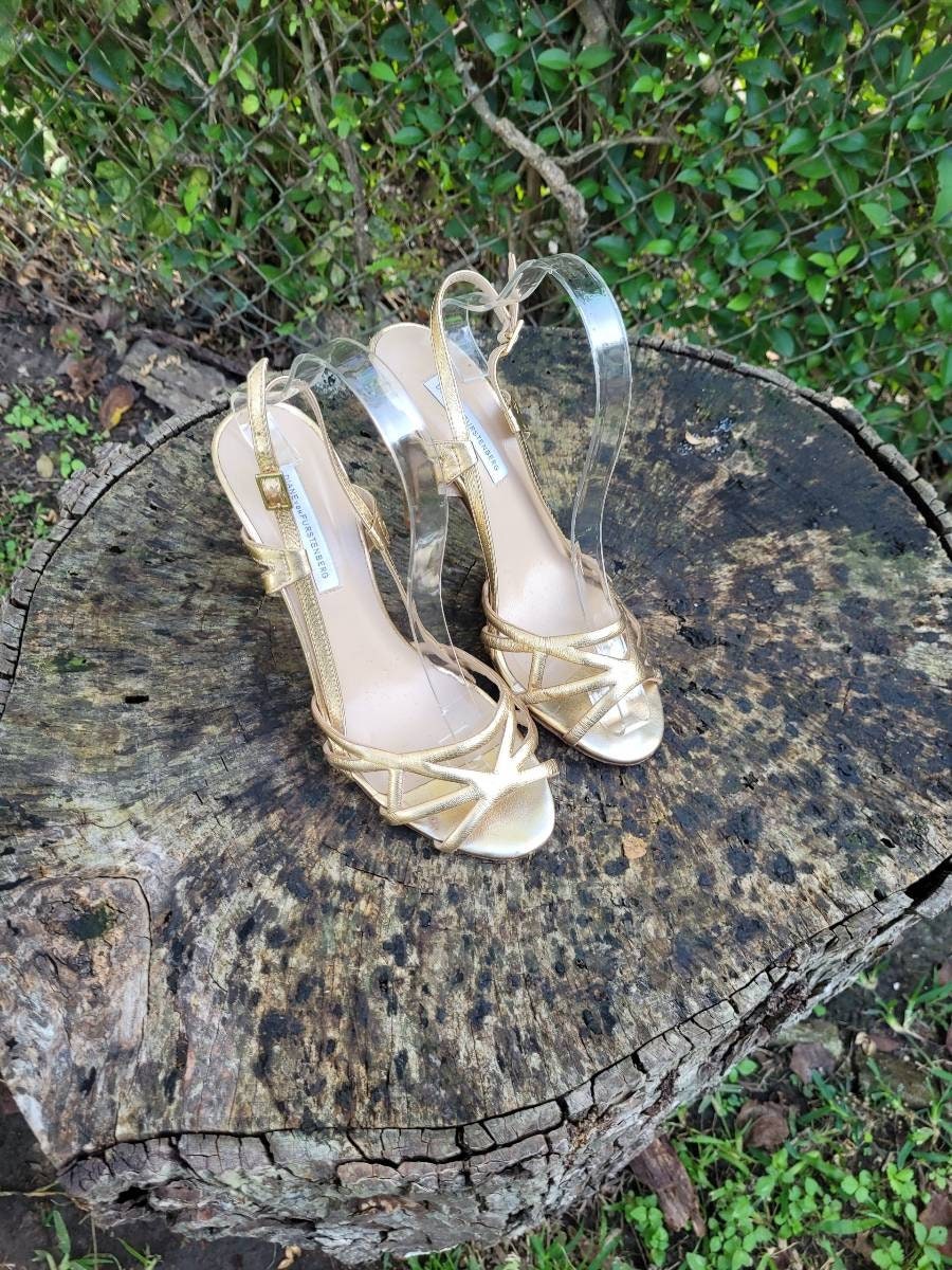 Vintage Diane Von Furstenberg Women Leather Gold Strap Stiletto Sandals Size 8.5 B/Womens High Heel Designer