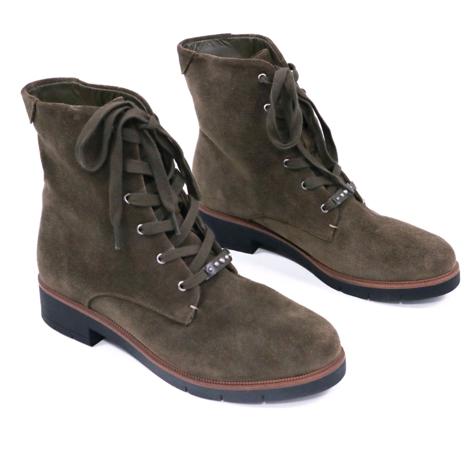 Vintage Dr. Scholl's Combat Boots Guild Womens 9M Green Olive Suede Leather Lace-Up in White