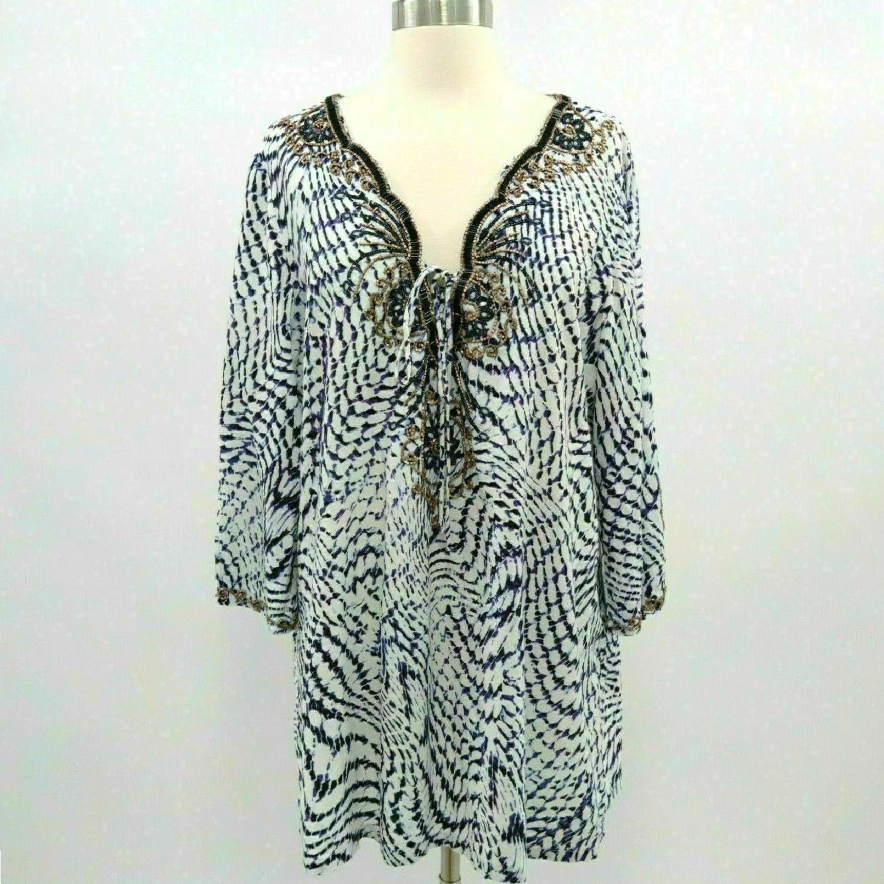 Vintage Elegant South Beach Classic Fit Tunic Top In Soft Blue And White With Embellishments, Women's (Size Large)