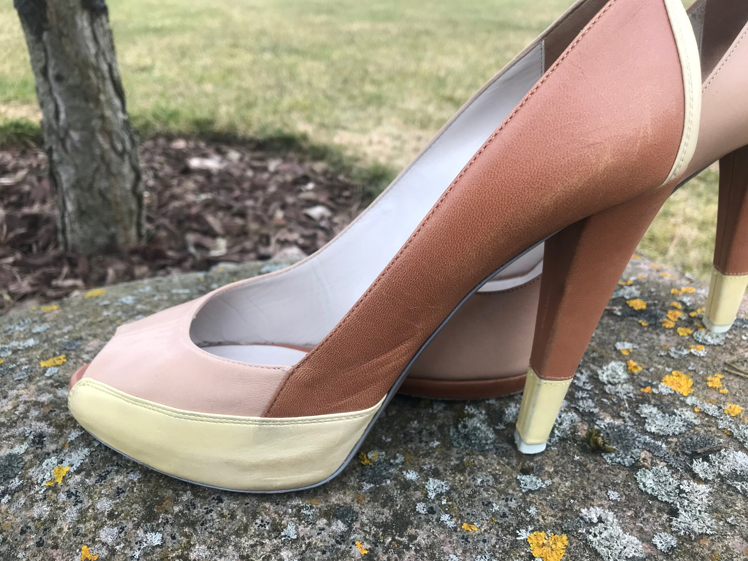 Vintage Emporio Armani Beige/Brown/Yellow Leather Pump Women's High Heels Shoes Size 40 Eu Peep Toe Platform Sandals 90S Very High Heel