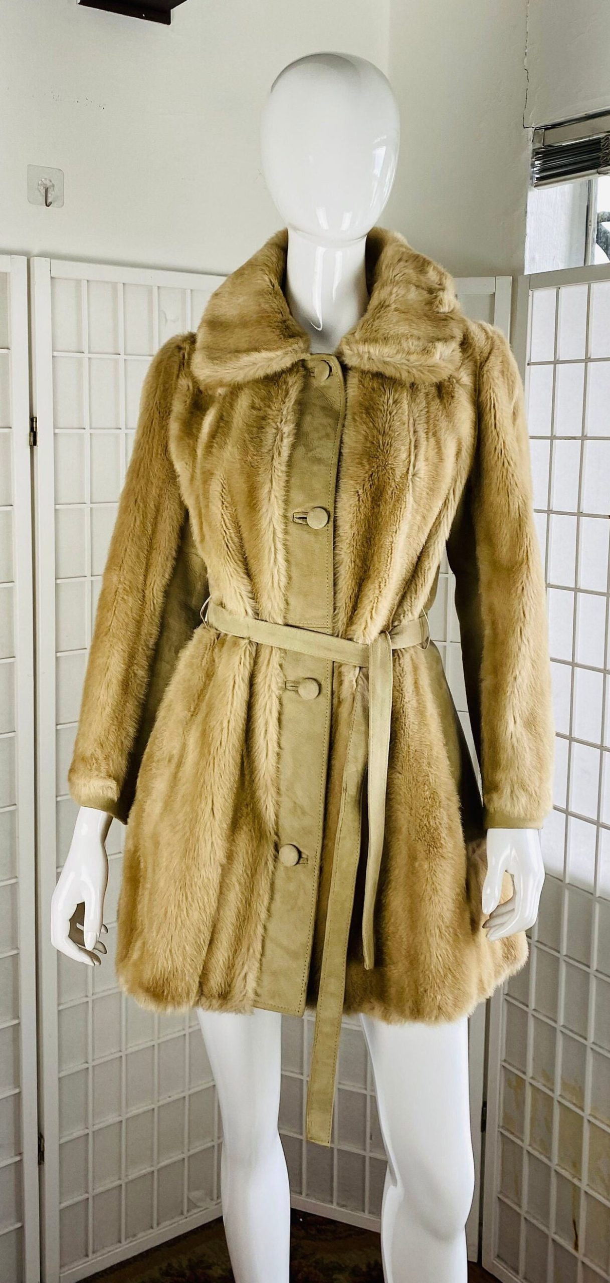 Vintage, England, Golden Tone Faux Coat with Suede Panels, Belt, L