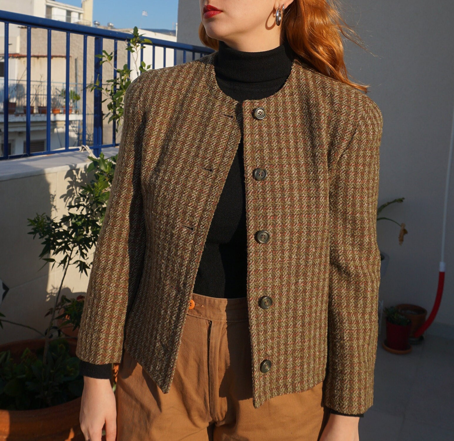 Vintage Evan Picone Cropped Wool Blazer - Check Plaid Green Brown Jacket Retro Unique Tailored No Collar Short Coat