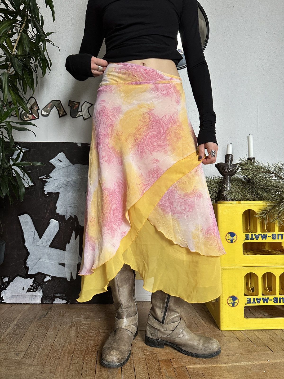 Vintage Fairy Textured Wrapped Ruffle Asymmetrical Skirt in Pink/Yellow, Women's (Size 30)