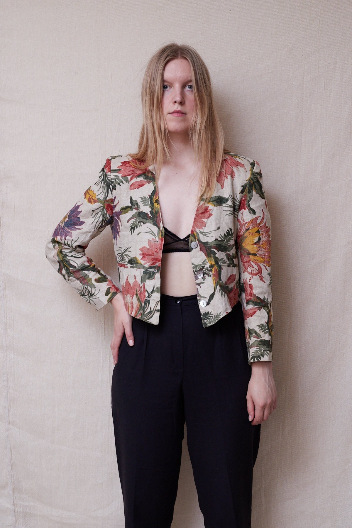 Vintage Floral Linen Jacket Small Medium, Beige Crop Uk 8 Us 4 Eu 36, Blazer