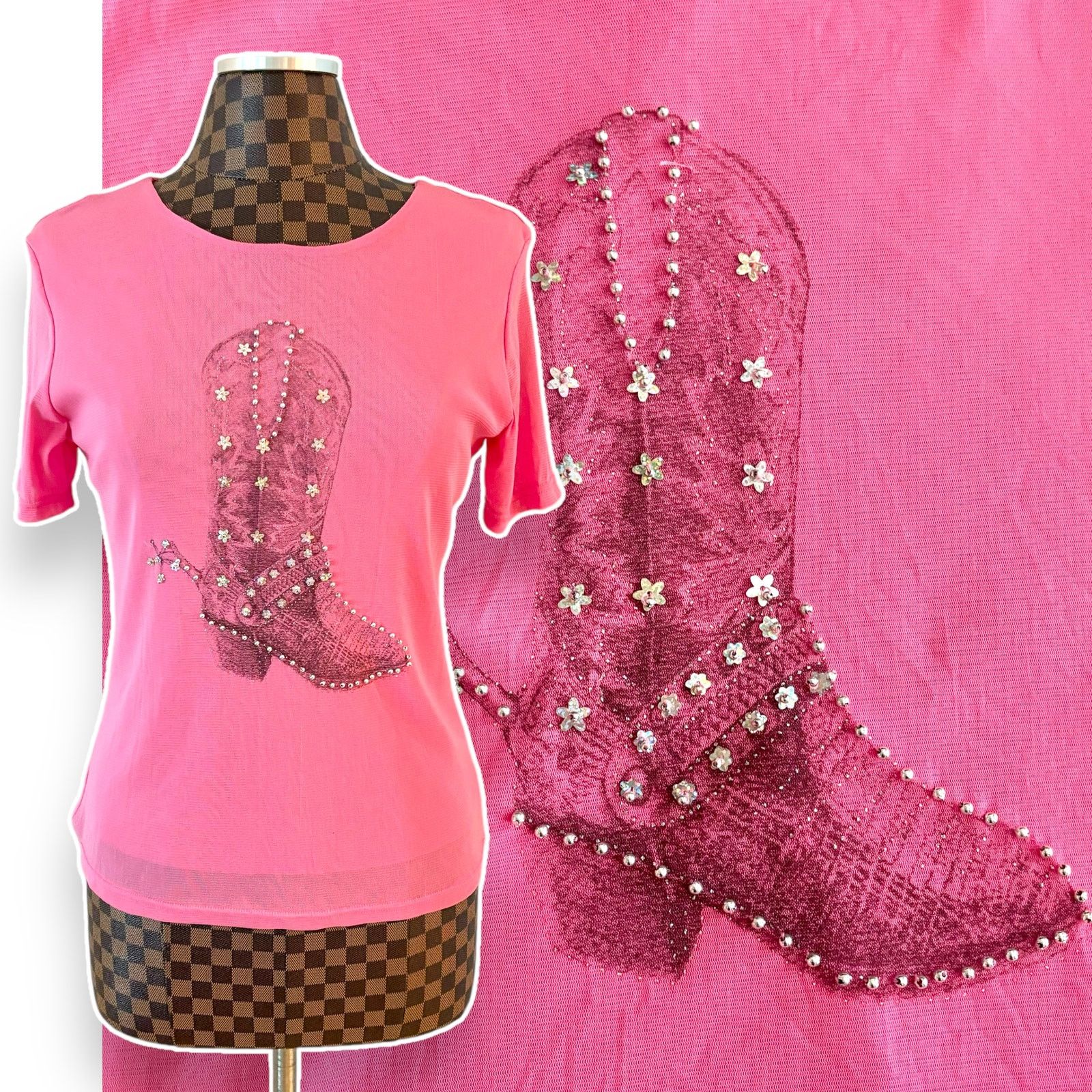 Vintage Fox Fire Rhinestone Cowboy Boot Shirt Top Pink Sheer Y2K, Women's (Size XL)