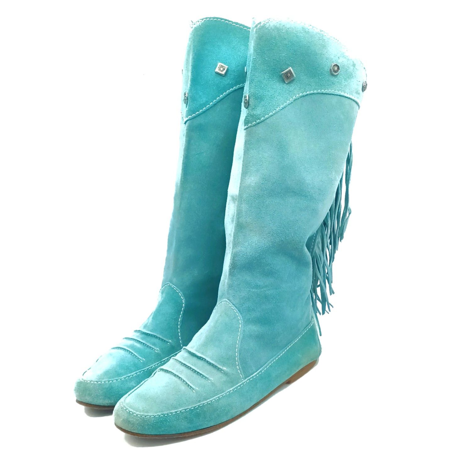 Vintage Fringed Turquoise Suede Tall Western Boots Size 7.5 in Blue, Women's