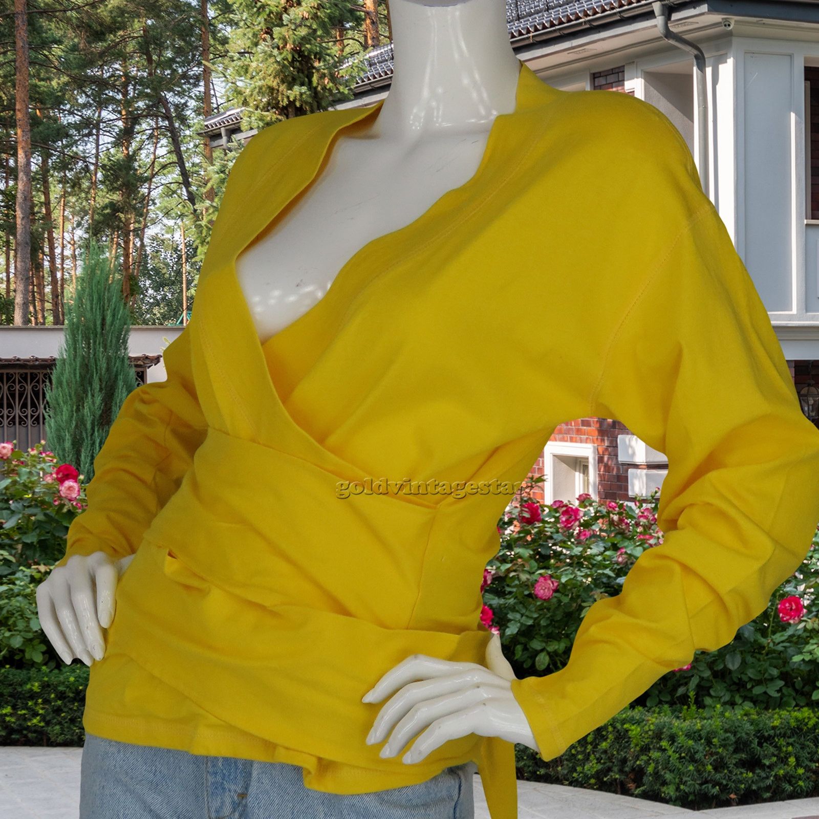 Vintage Gene Ewing Bright Yellow V Neck Wrap Top M, Women's (Size Medium)