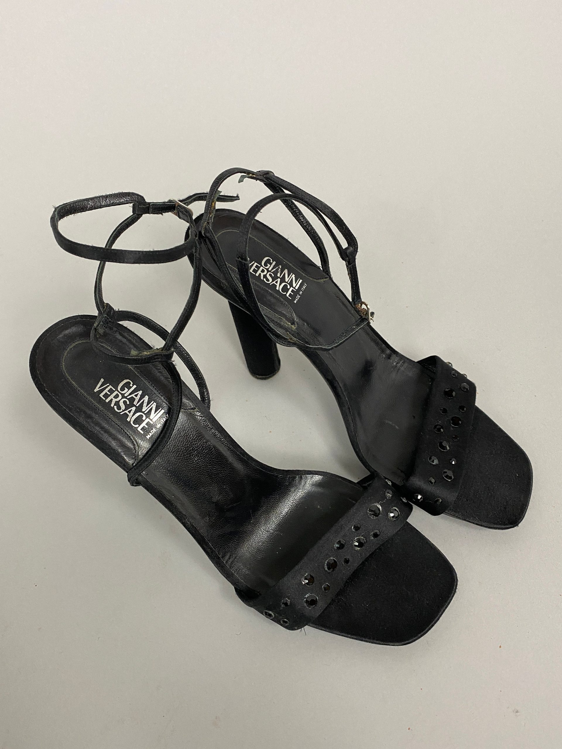 Vintage Gianni Versace Black Heeled Sandals Women 40It, Us10, Elegant, Festive Square Toe, Ankle Straps Heels With Rhinestone - Ftv986