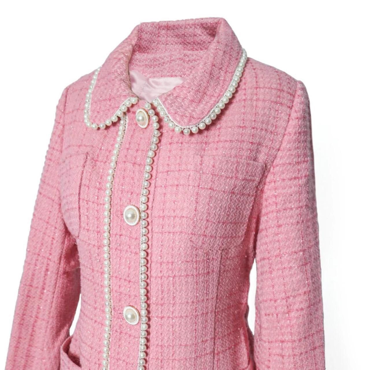 Vintage Glittery Tweed Pearl Accent Trench Coat in Pink, Women's (Size Small)