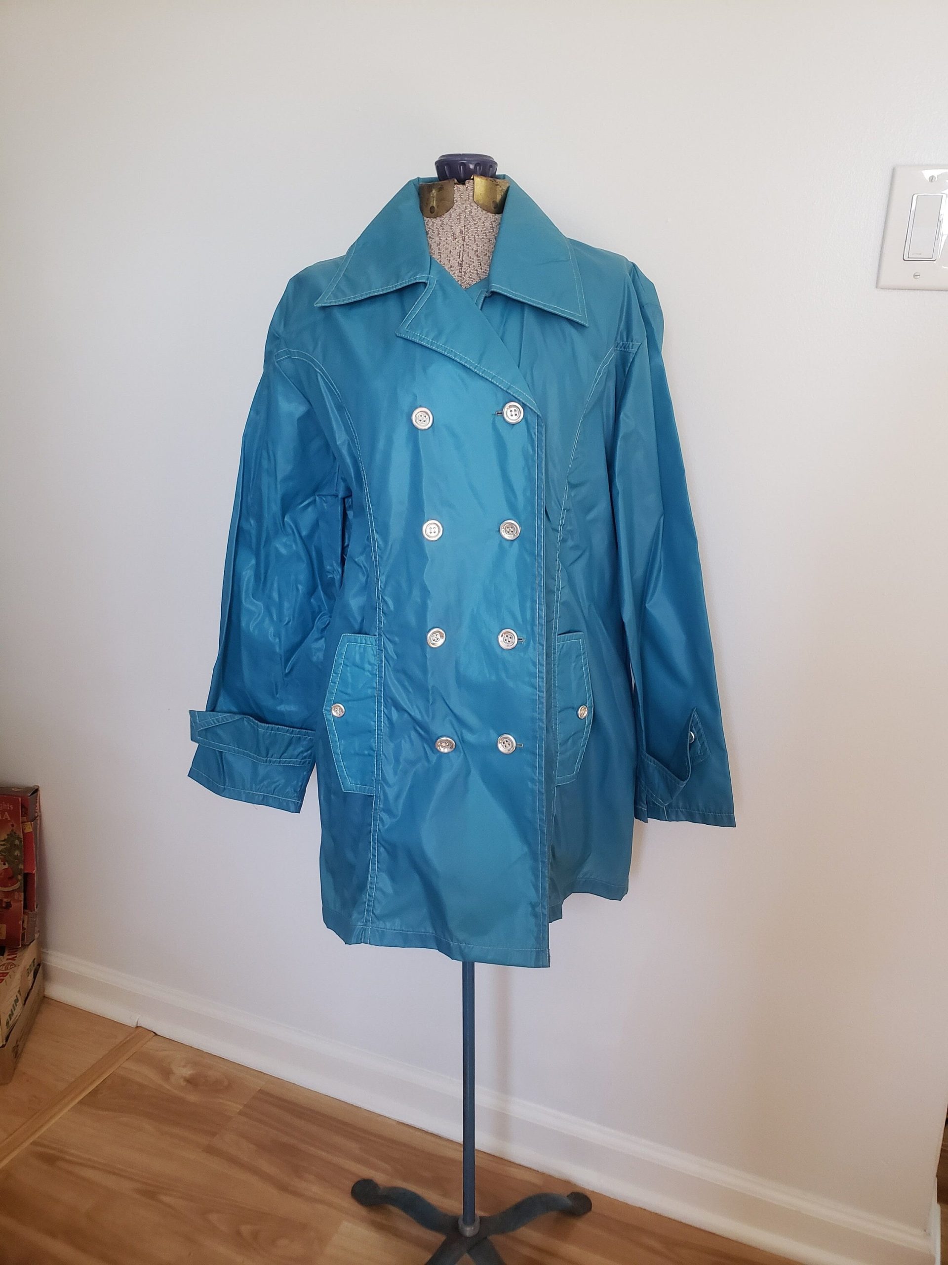 Vintage Gold Label Originals Blue Windbreaker Style Trench Coat - Retro Women's Raincoat Spring Summer Rainy Weather Thin Outerwear Jacket