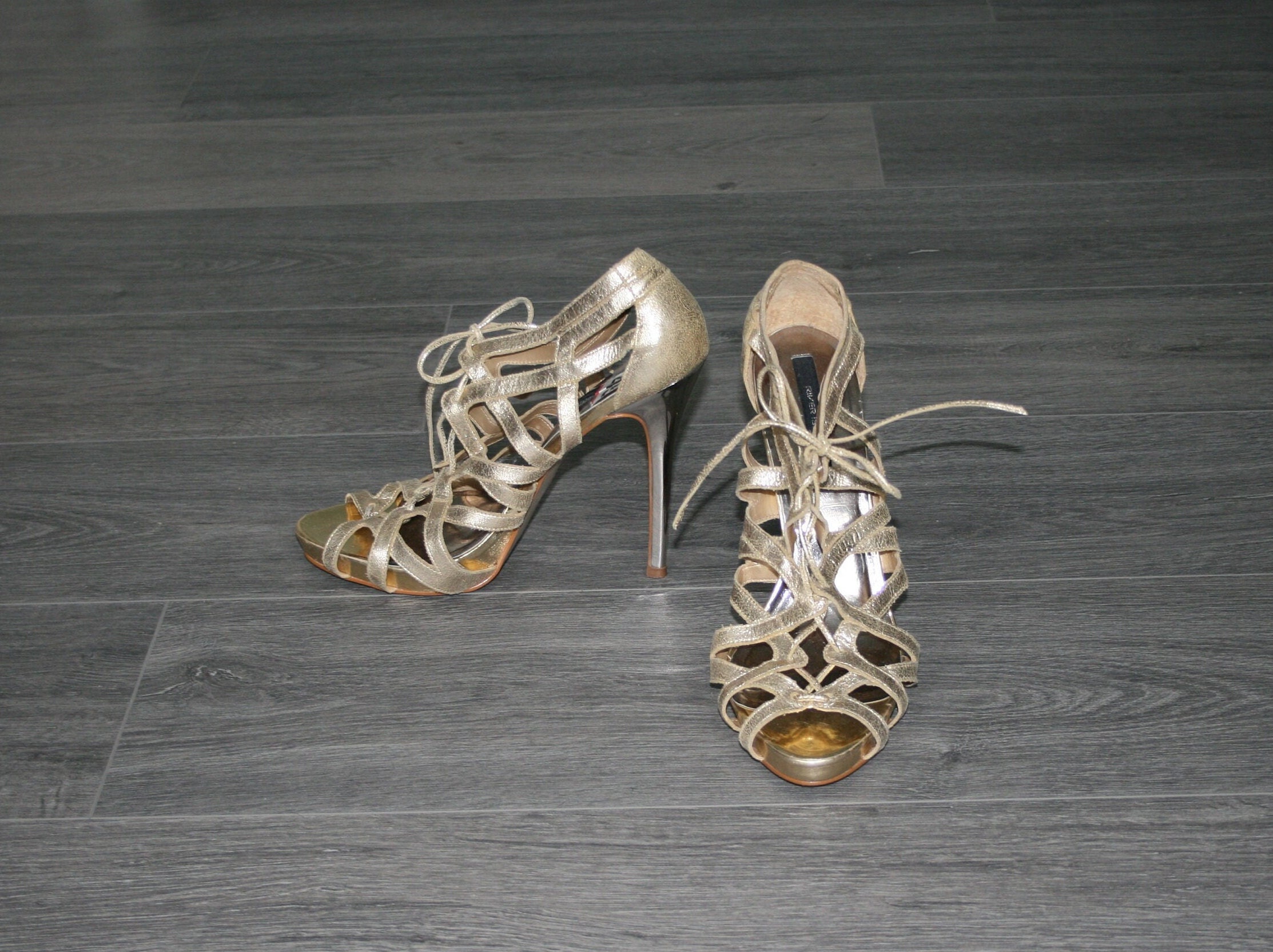 Vintage Gold Leather Strappy Sandals Stiletto Heel Lace Platform Shoes Women Ankle Straps Size 41 Eu Made in Brazil