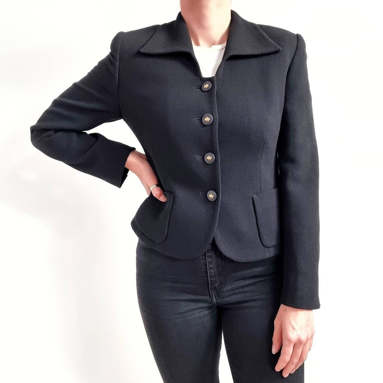 Vintage Hobbs Cropped Wool Blazer in Black // Ladies Smart Jacket With Gold Buttons Medium Made England