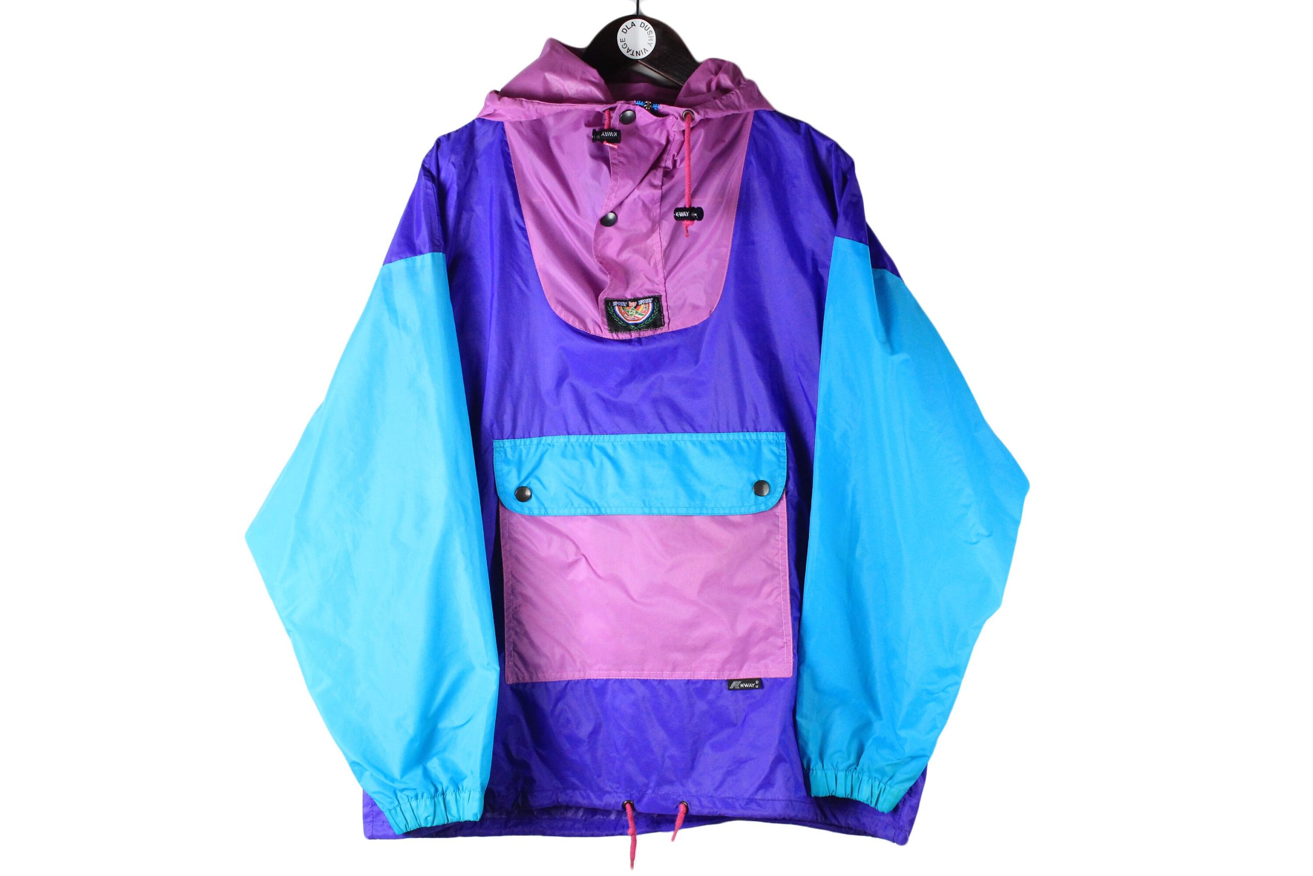 Vintage K-Way Anorak Jacket Raincoat Oversize Size M Multicolor Purple Pink Pocket Bag Authentic 90's Retro Outdoor Half Zip Streetwear