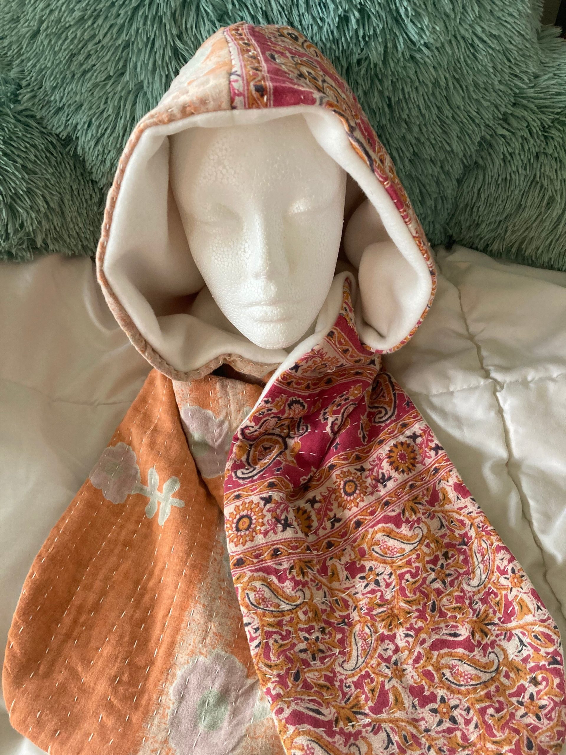 Vintage Kantha Hoodie Scarf Lined With Fleece Reversible