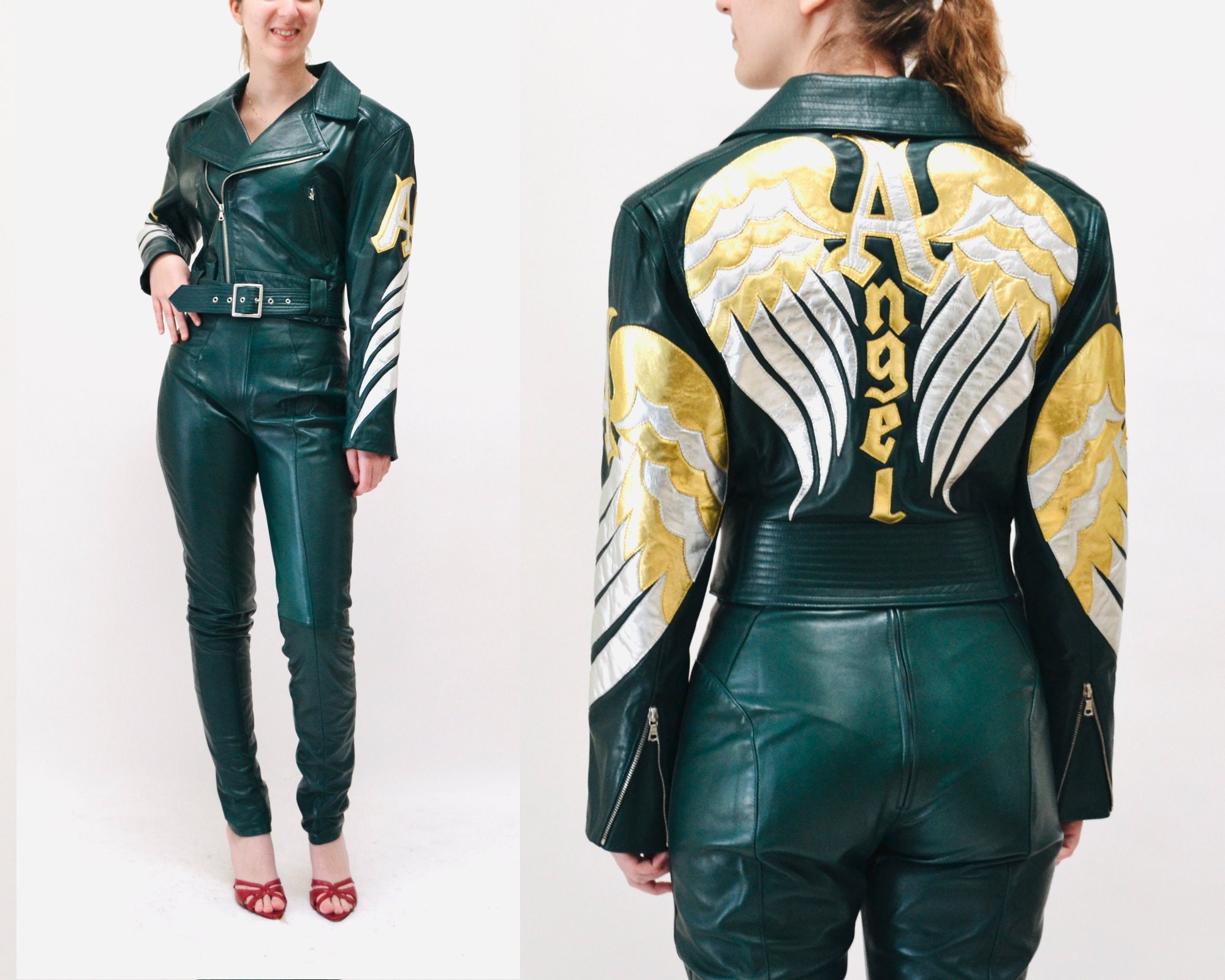 Vintage Leather Motorcycle Jacket & Pants By North Beach Michael Hoban// Green Gold Metallic Moto Angel Wings Suit