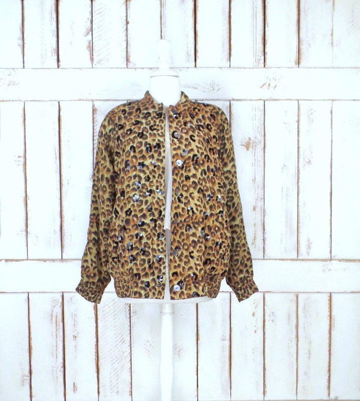 Vintage Leopard Print Sequin Beaded Silk Windbreaker Jogging Puffer Jacket/Silk Sports Jacket/Animal Flight Bomber Jacket/Medium