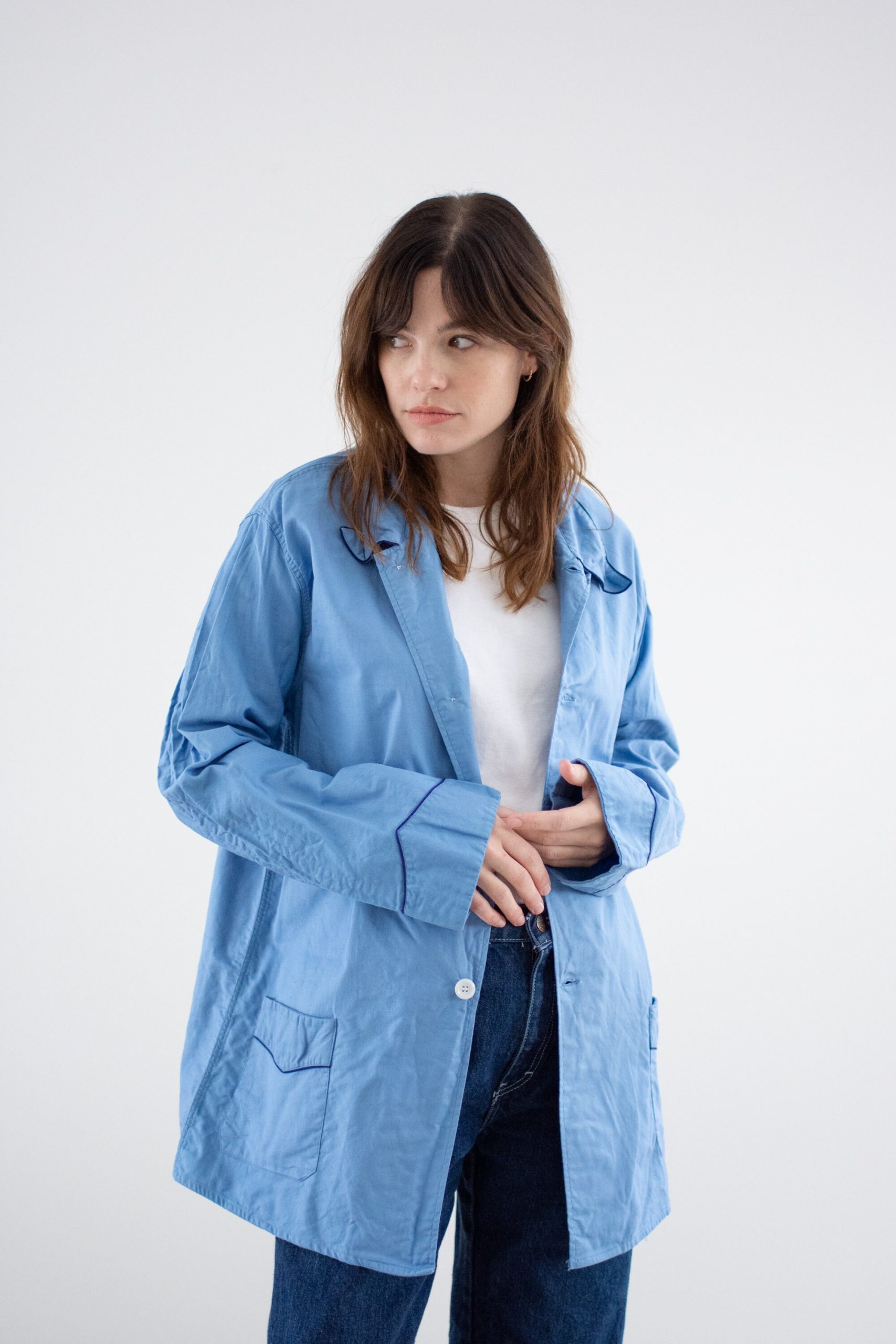 Vintage Light Sky Blue Chore Jacket | Navy Piping Unisex French Lightweight Cotton Utility Workwear Pyjama M