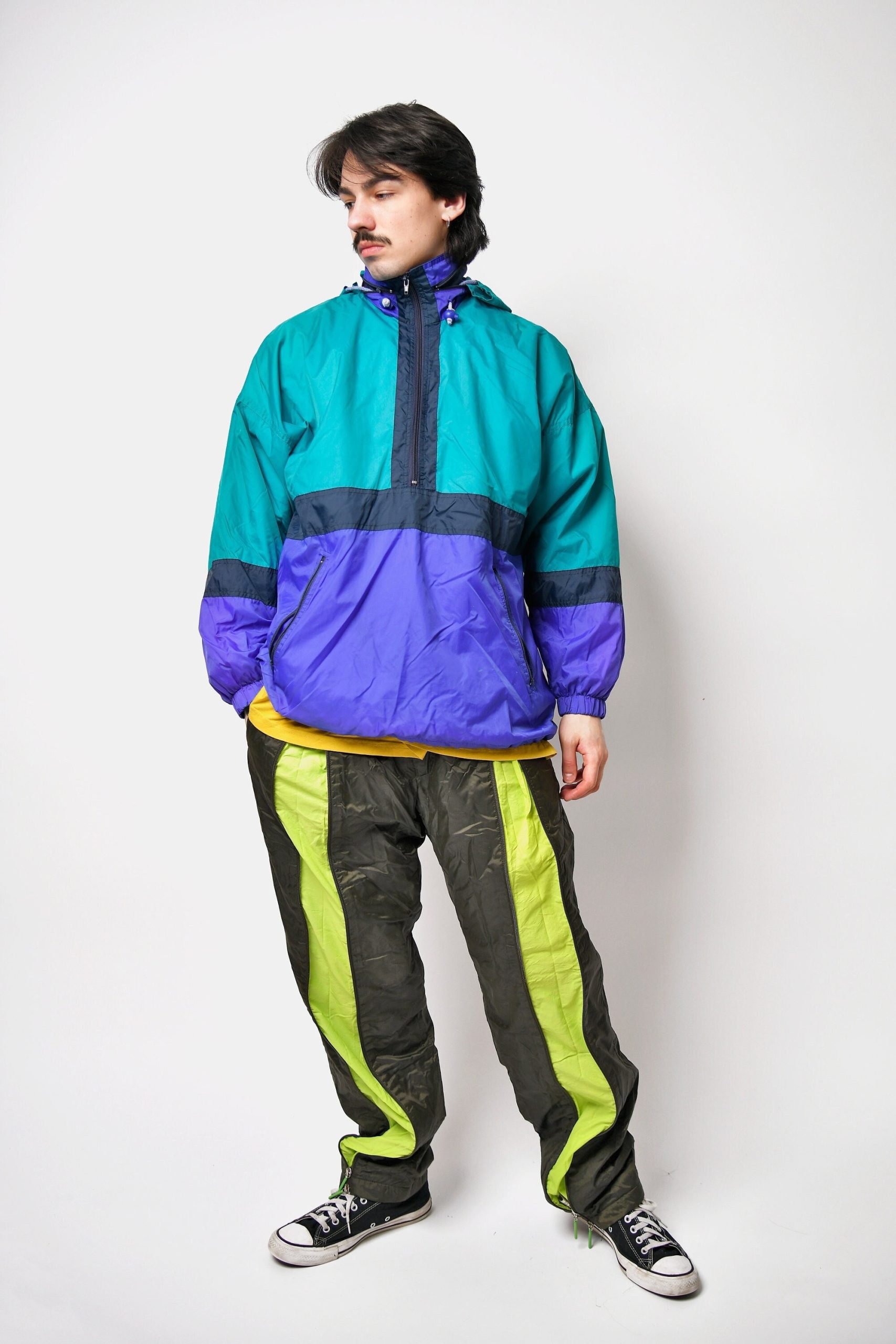 Vintage Lightweight Windbreaker Blue Green | Retro Anorak Hooded Jacket 90S 80S Festival Rave Summer Shell Wind Medium M Size