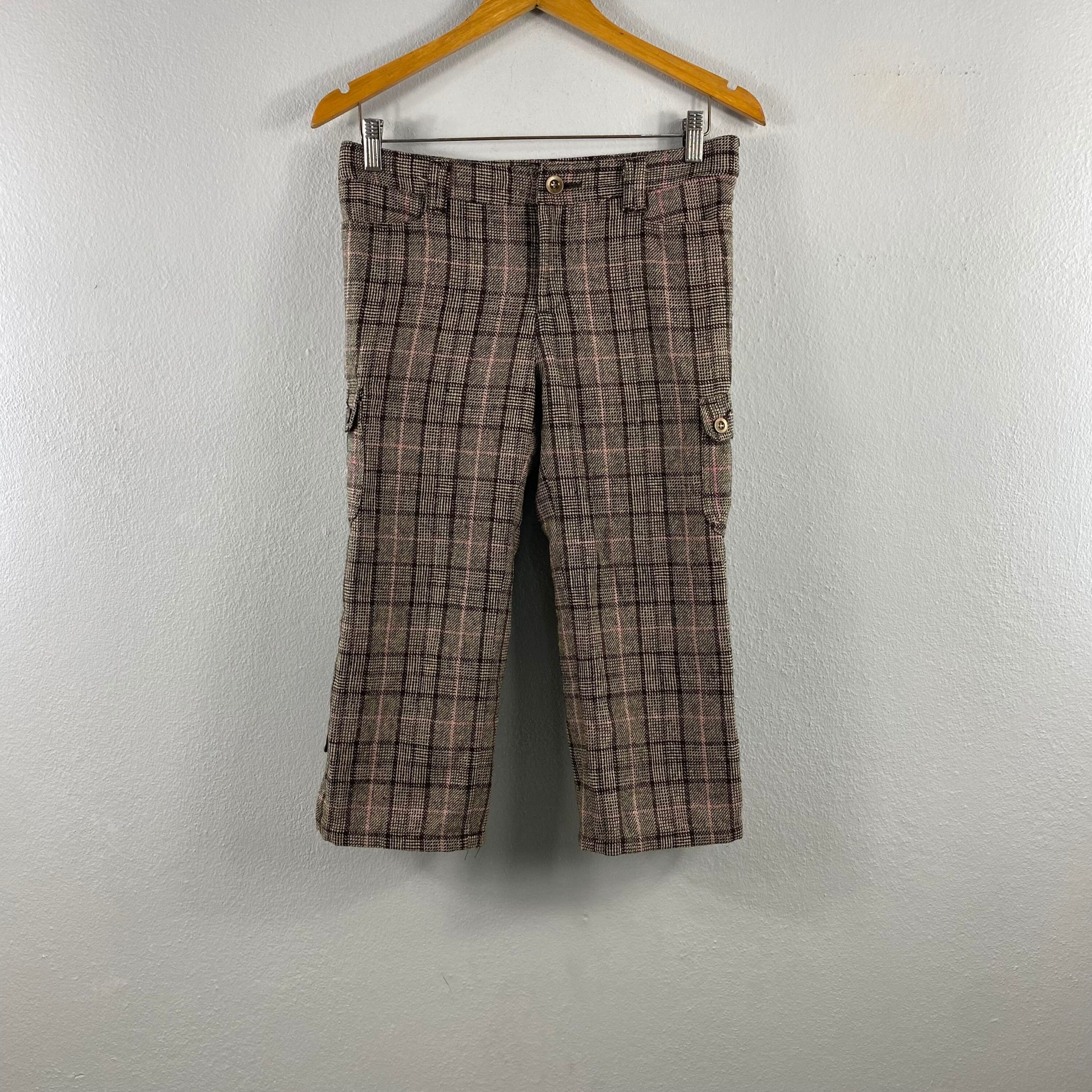Vintage Lime Stone Tartan Checkered Wool Multipocket Cargo Casual Outfit Design 3 Quater Womens Cropped Short Trouser Pants Brown W30x28