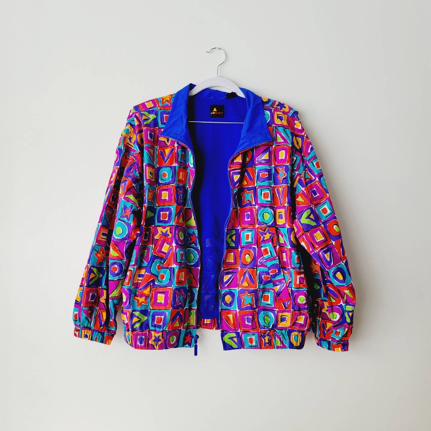 Vintage Liz Claiborne Colorful Zany Print Windbreaker. Lizsport Neon Geometric Shapes Zip Up Jacket. Bright Statement Breathable Windbreaker
