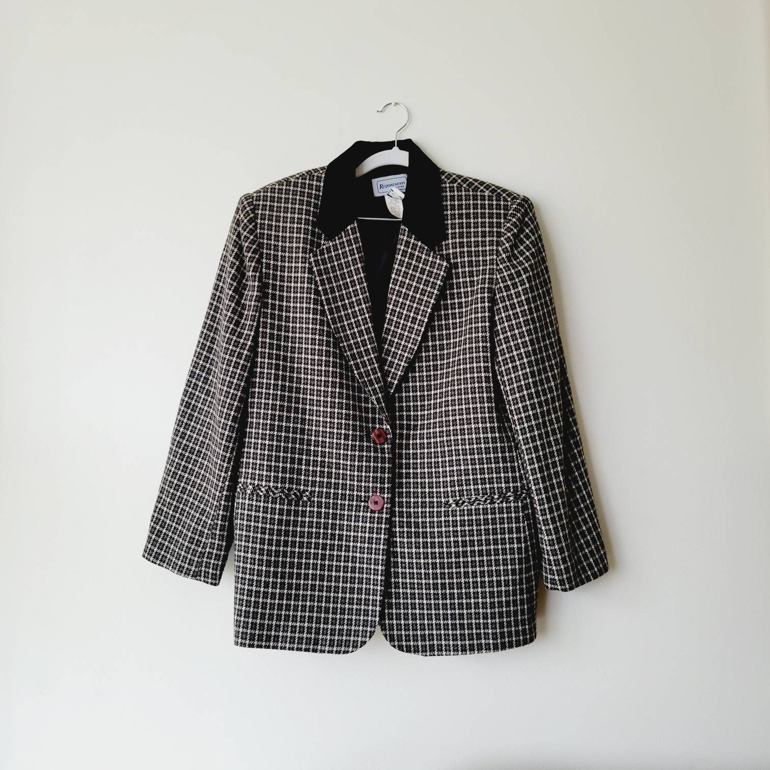 Vintage Longline Houndstooth Plaid Blazer With Velvet Collar. 80S Business Casual Bold Oversized Blazer. Dark Academia Fully Lined