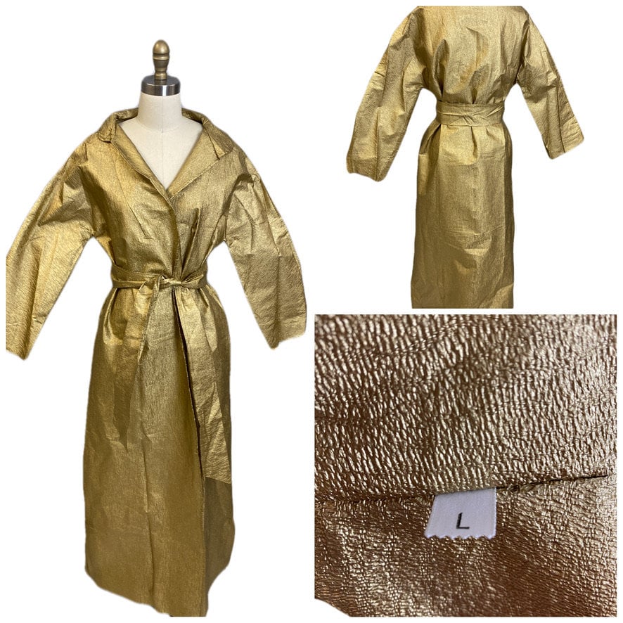 Vintage Metallic Gold Textured Mod Paper Trench Coat Wrap Never Worn 1970S S/M