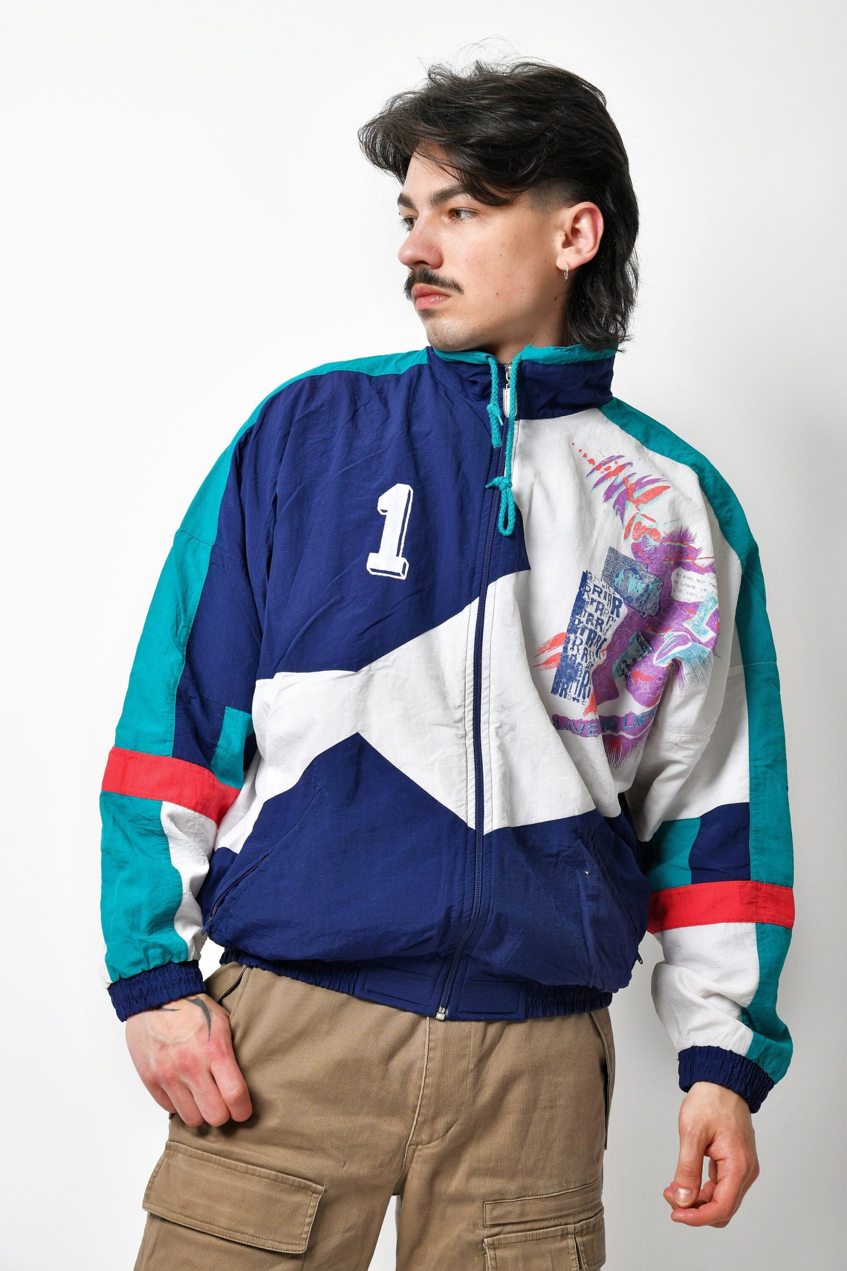 Vintage Multi Colour Block Jacket | 80S 90S Abstract Retro Shell Tracksuit Top Lightweight Sport Track Windbreaker White Blue Medium M