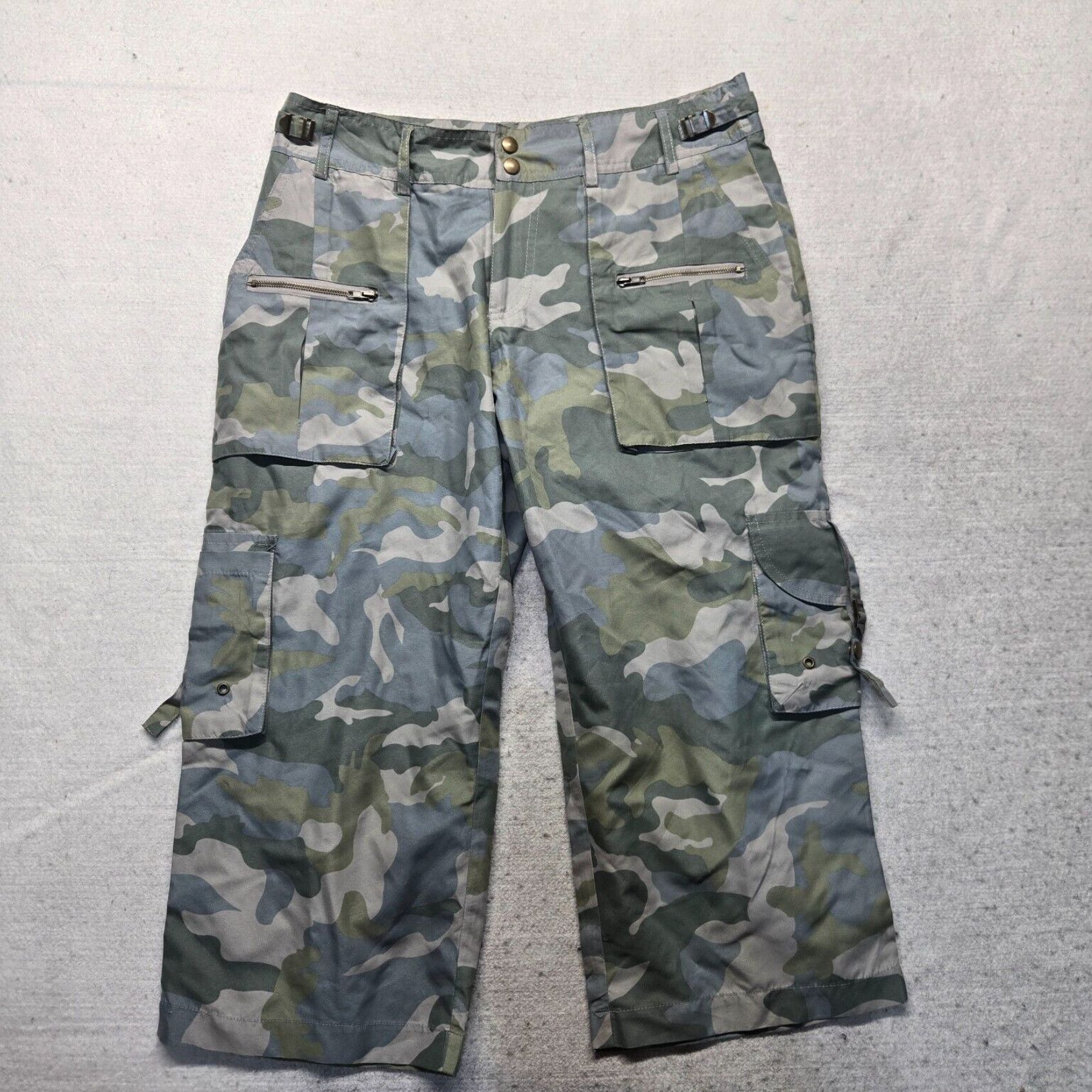 Vintage Multicolor Black Adult Women's Elastic Tie Waist Cargo Pants In Camo Print Small Size By Cato in White