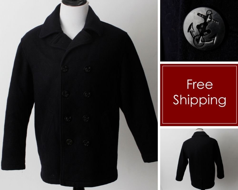 Vintage Navy Blue Pea Coat Wool Us Warm Winter - Retro Large L