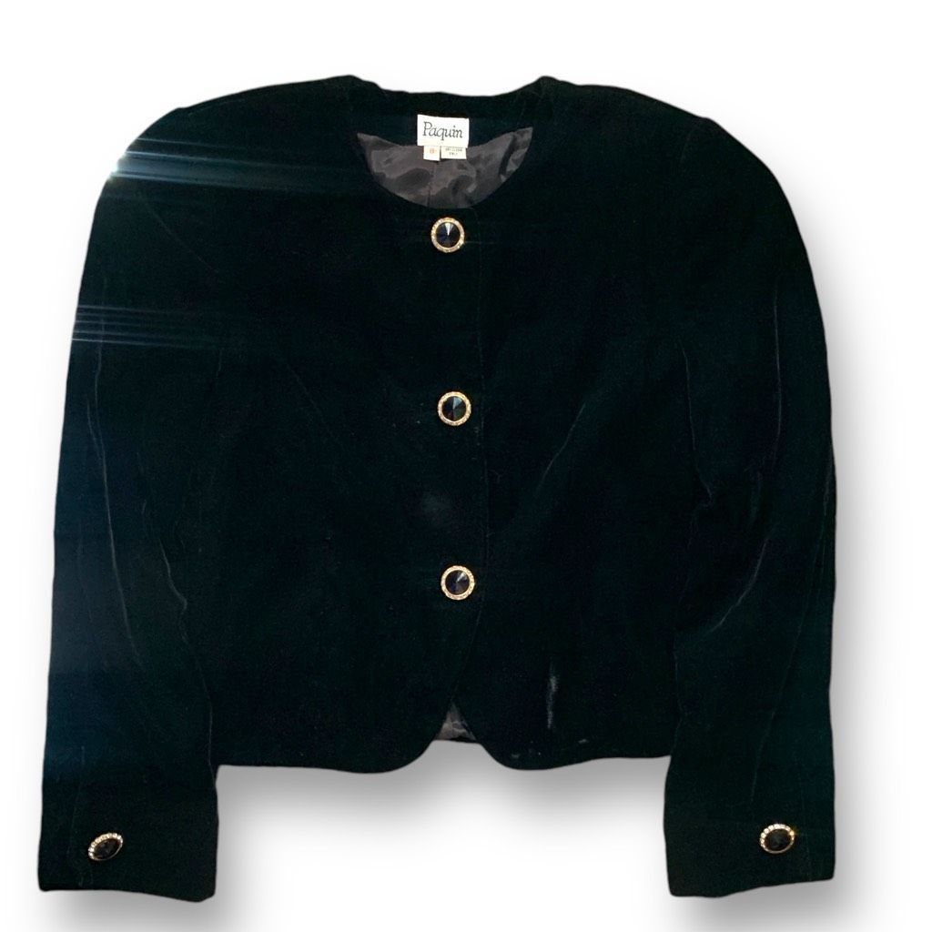 Vintage Paquin Black Velvet Cropped Collarless Blazer Jacket, Women's (Size Medium)