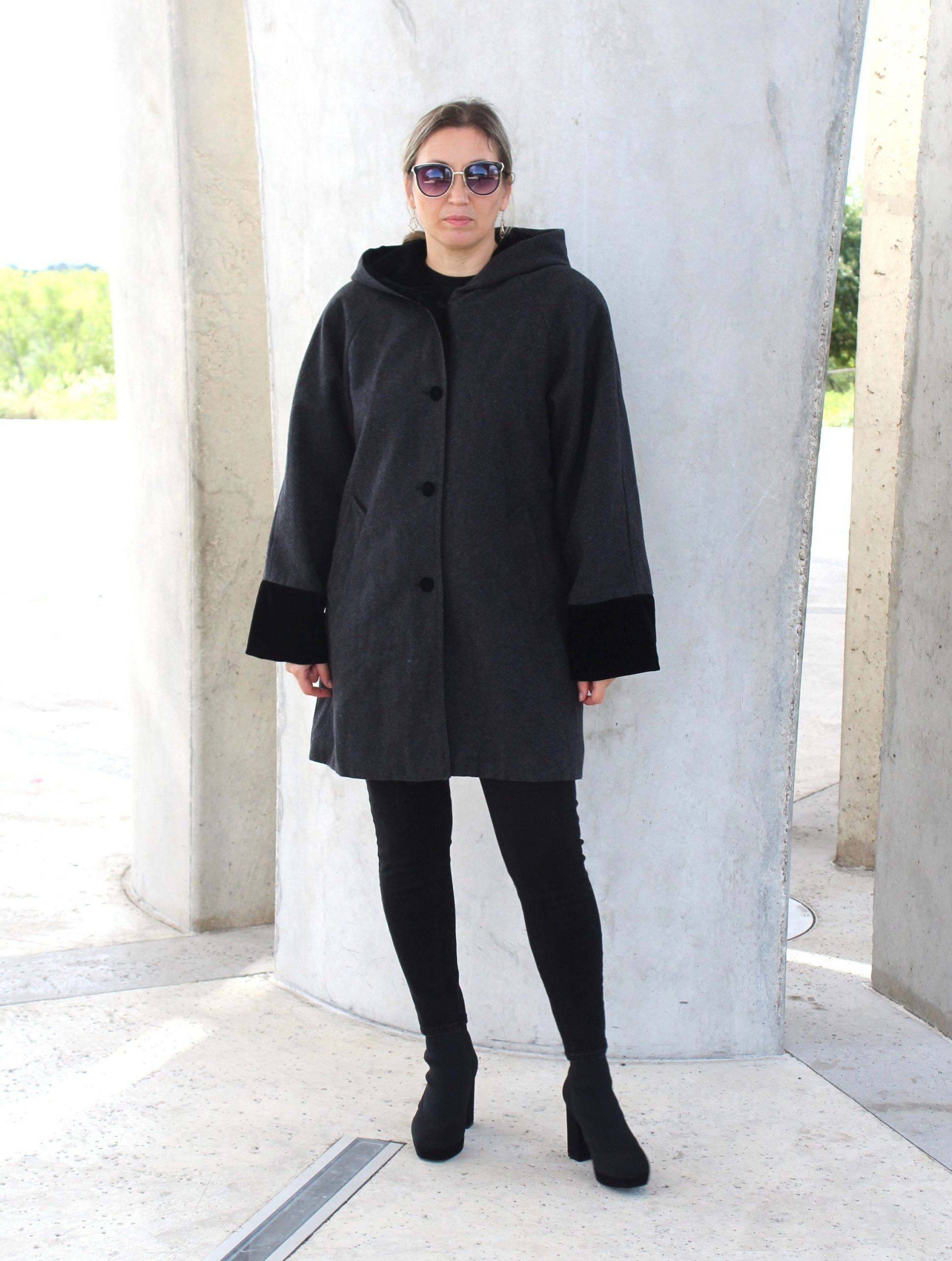 Vintage Pea Coat, Fitz Wright, M/L, Short Coat Women, Reversible, Hooded Black Velvet Trim