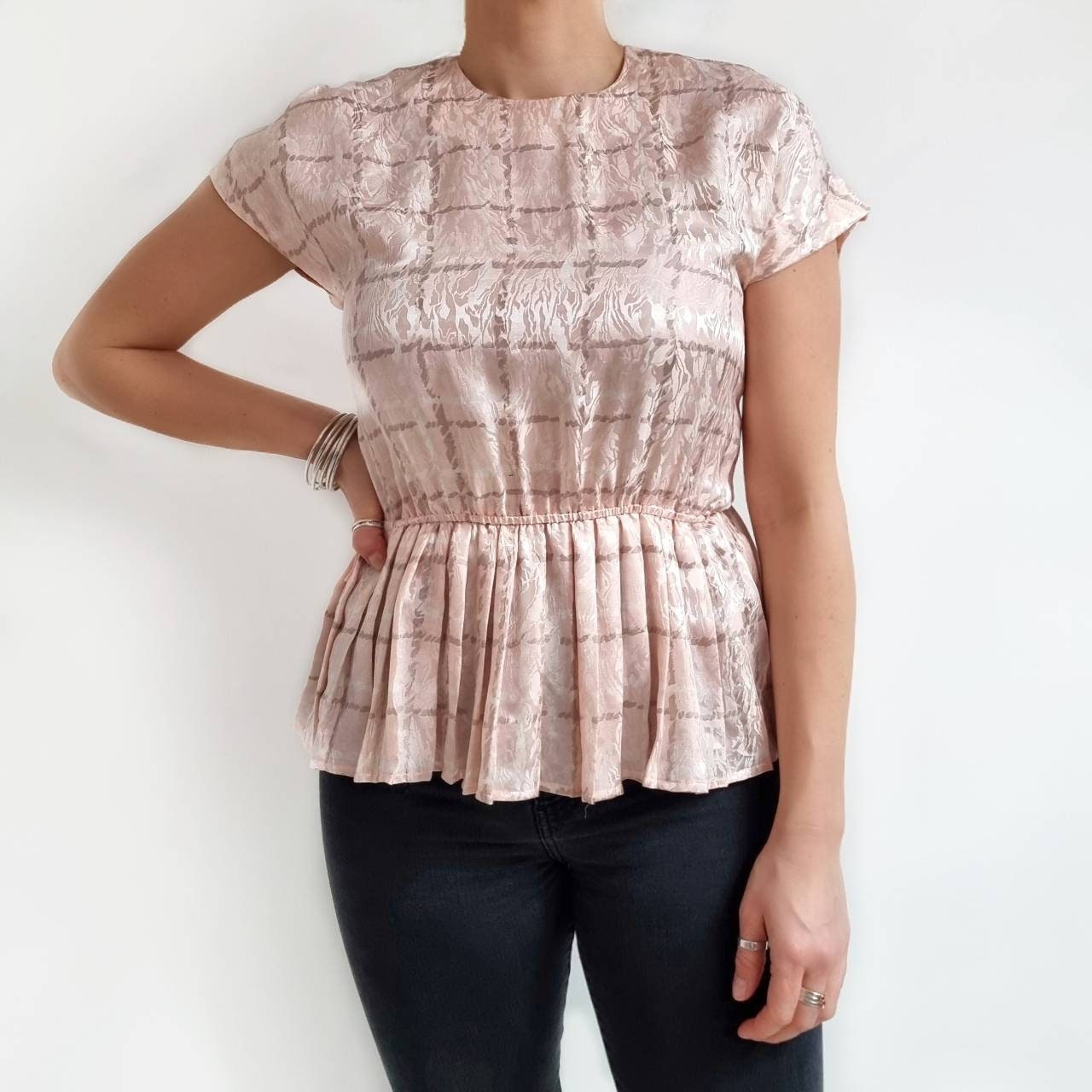 Vintage Pink Pure Silk Peplum Blouse | Short Sleeves Ladies Jacquard Top Extra Small