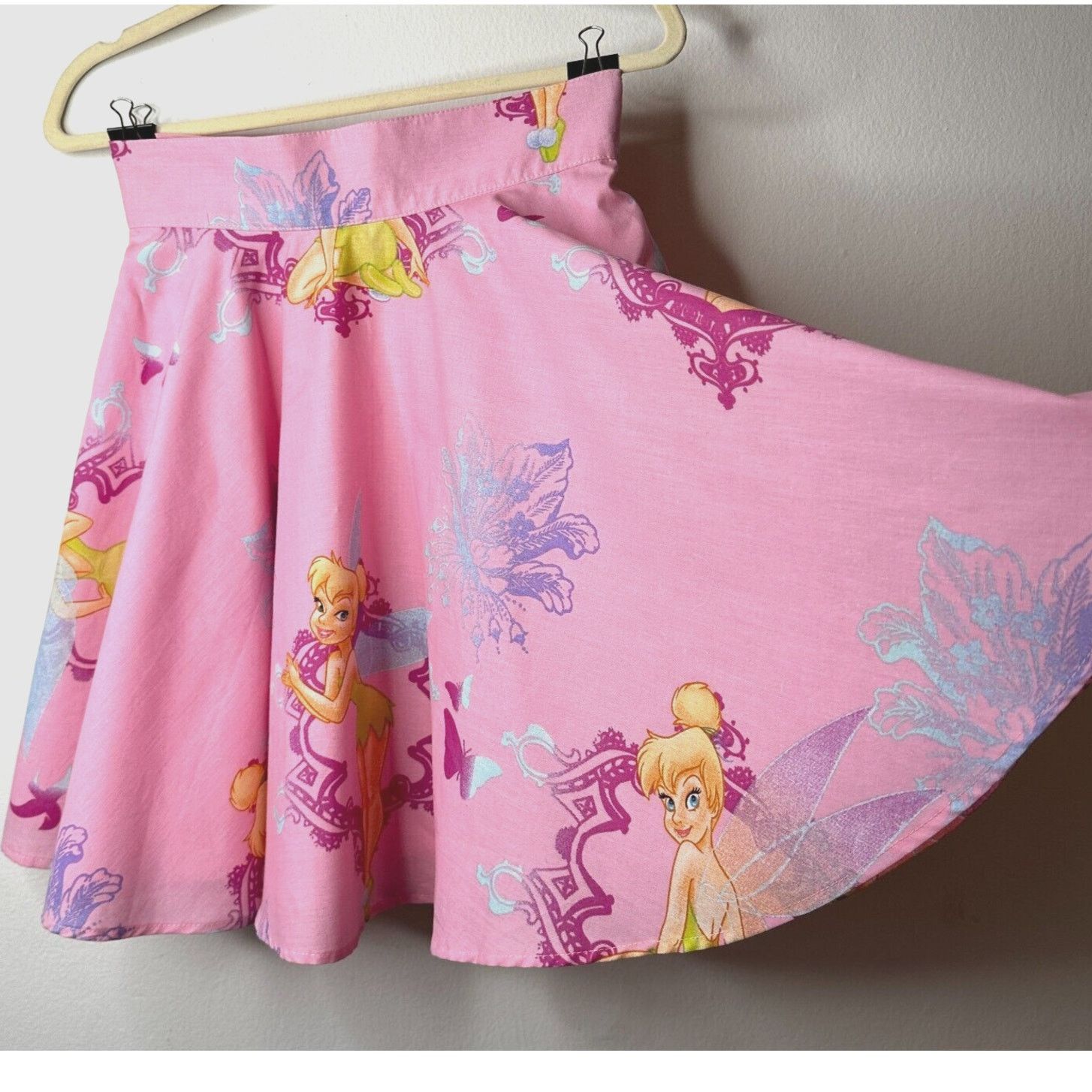 Vintage Pink Tinker Bell Print Circle Skirt Button Close S, Women's (Size 27)