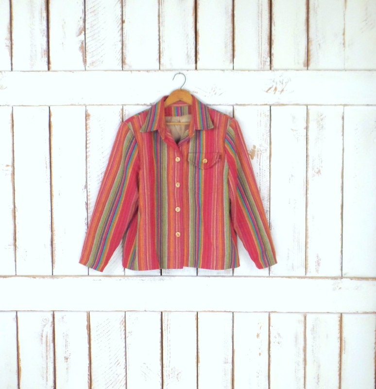 Vintage Pink/Green/Red Striped Woven Boho Blazer Jacket/Woven Cover Up Cardigan/Cropped