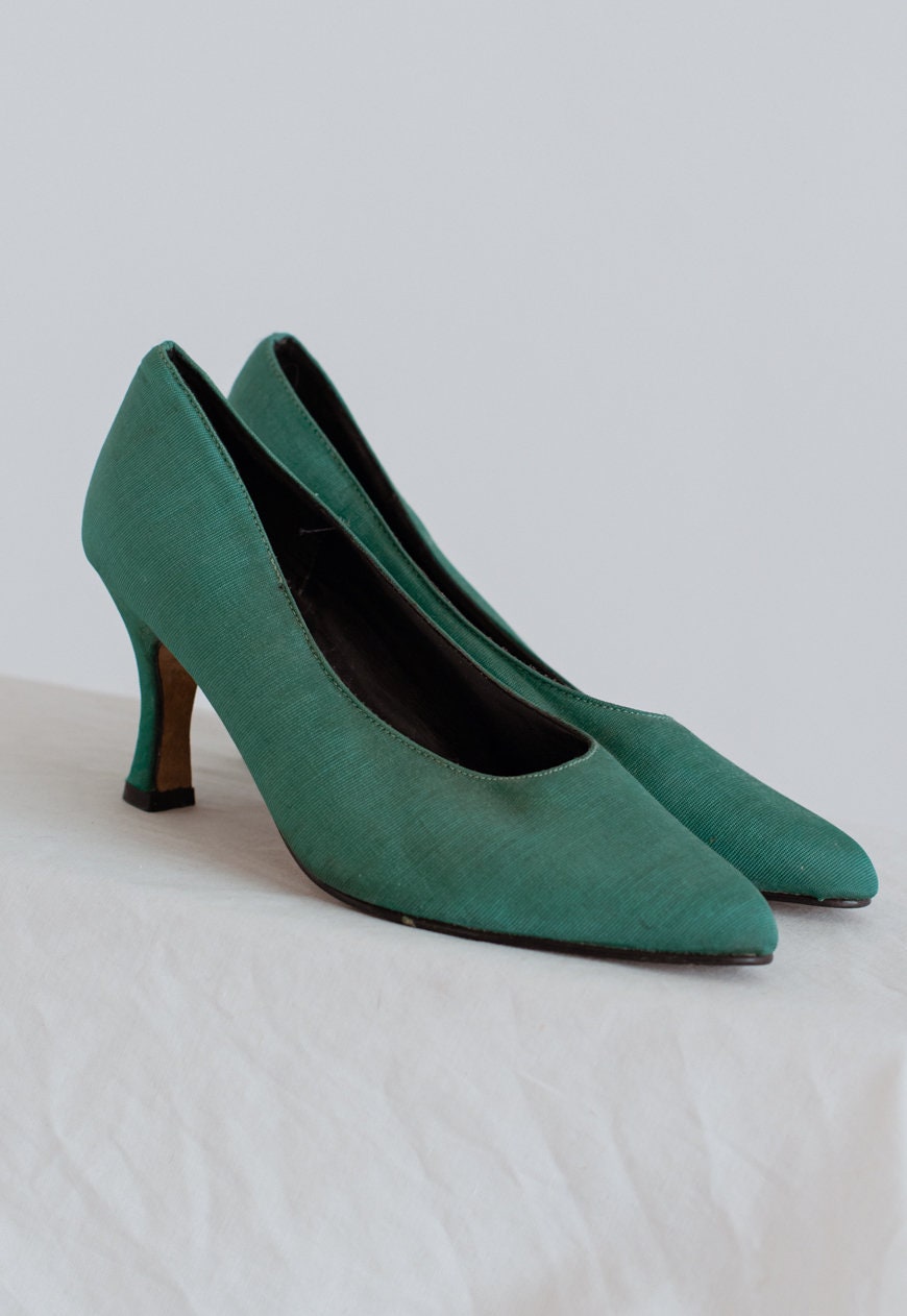 Vintage Pointed Mid Heel Court Women Shoes in Green Uk3