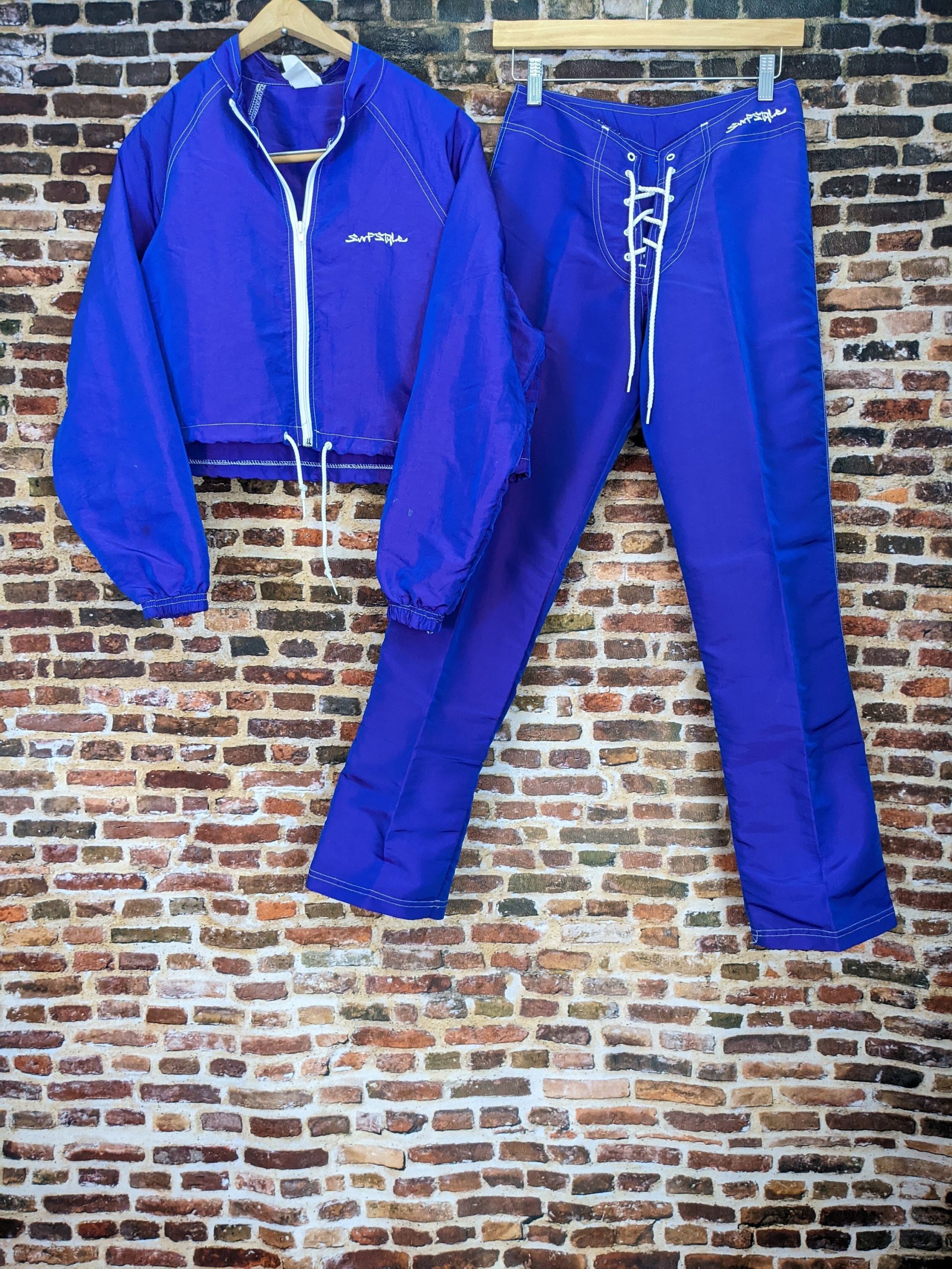 Vintage Purple Surf Style Set - Crop Windbreaker Jacket & Pants Suit 90's Y2K Small Petite