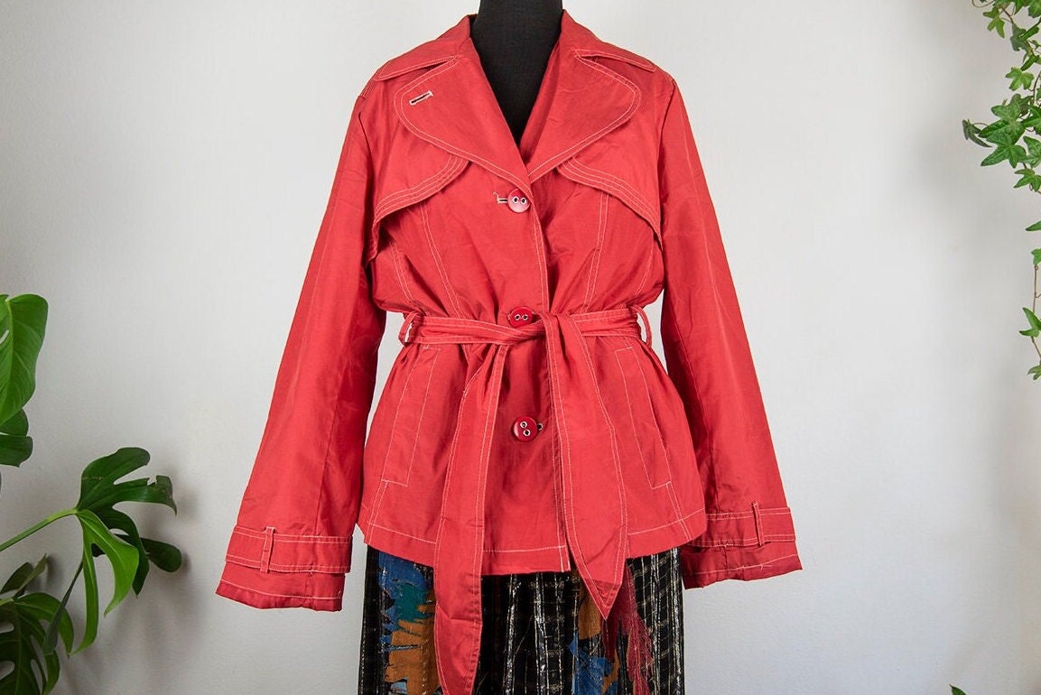 Vintage Red Belted Short Trench Coat