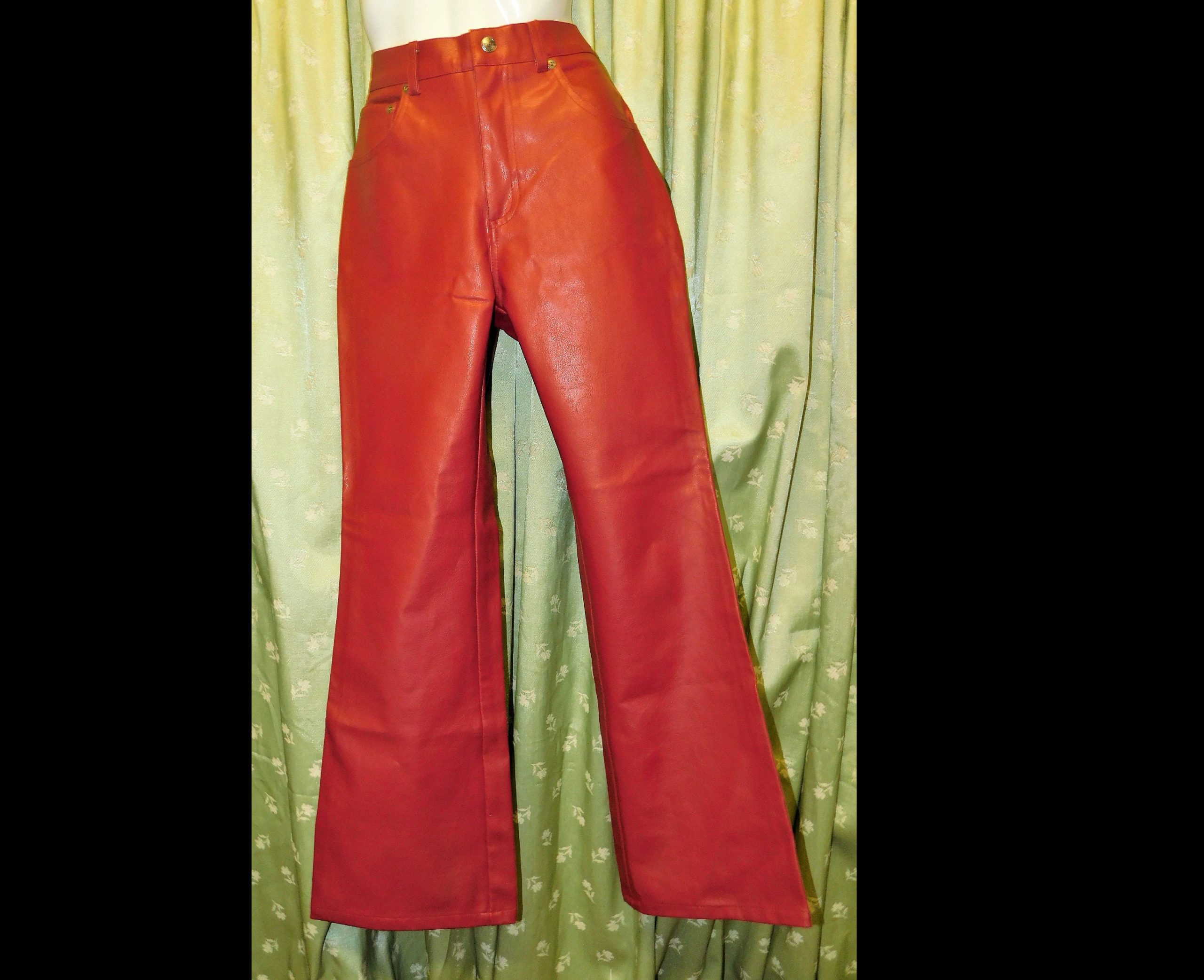 Vintage Red Faux Leather Pants High Rise Bell Bottom ~ 28" Waist 28 1/2" - 29 Inches Inseam Vinyl Pleather Jeans Women