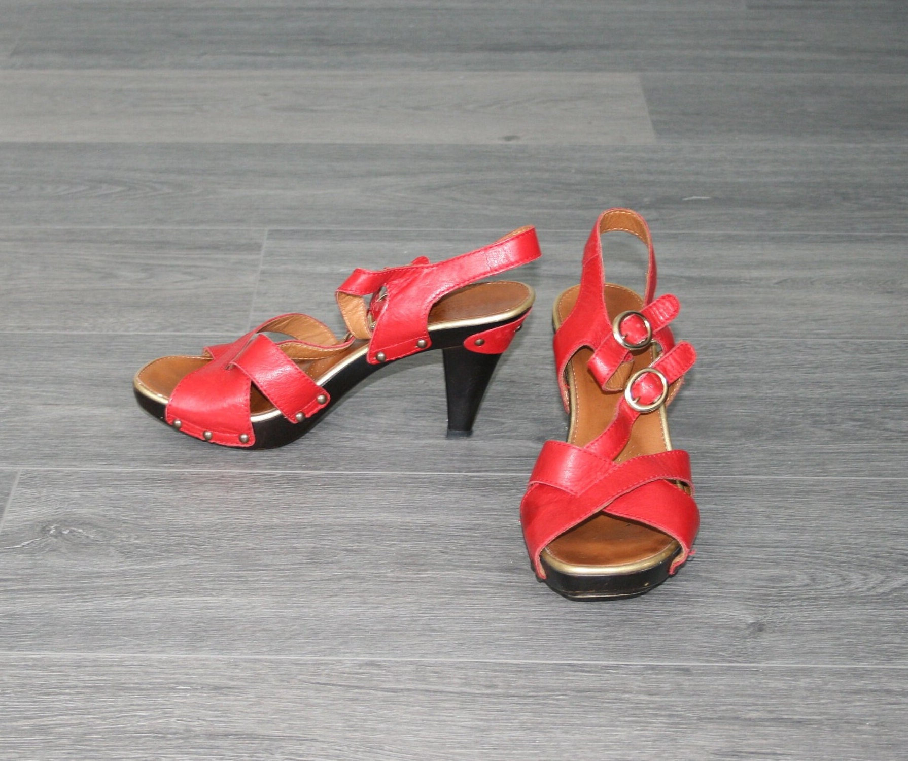 Vintage Red Strappy Leather Sandals Heeled Shoes Size 39 Eu Women Platform Summer Sling Back Made in Italy