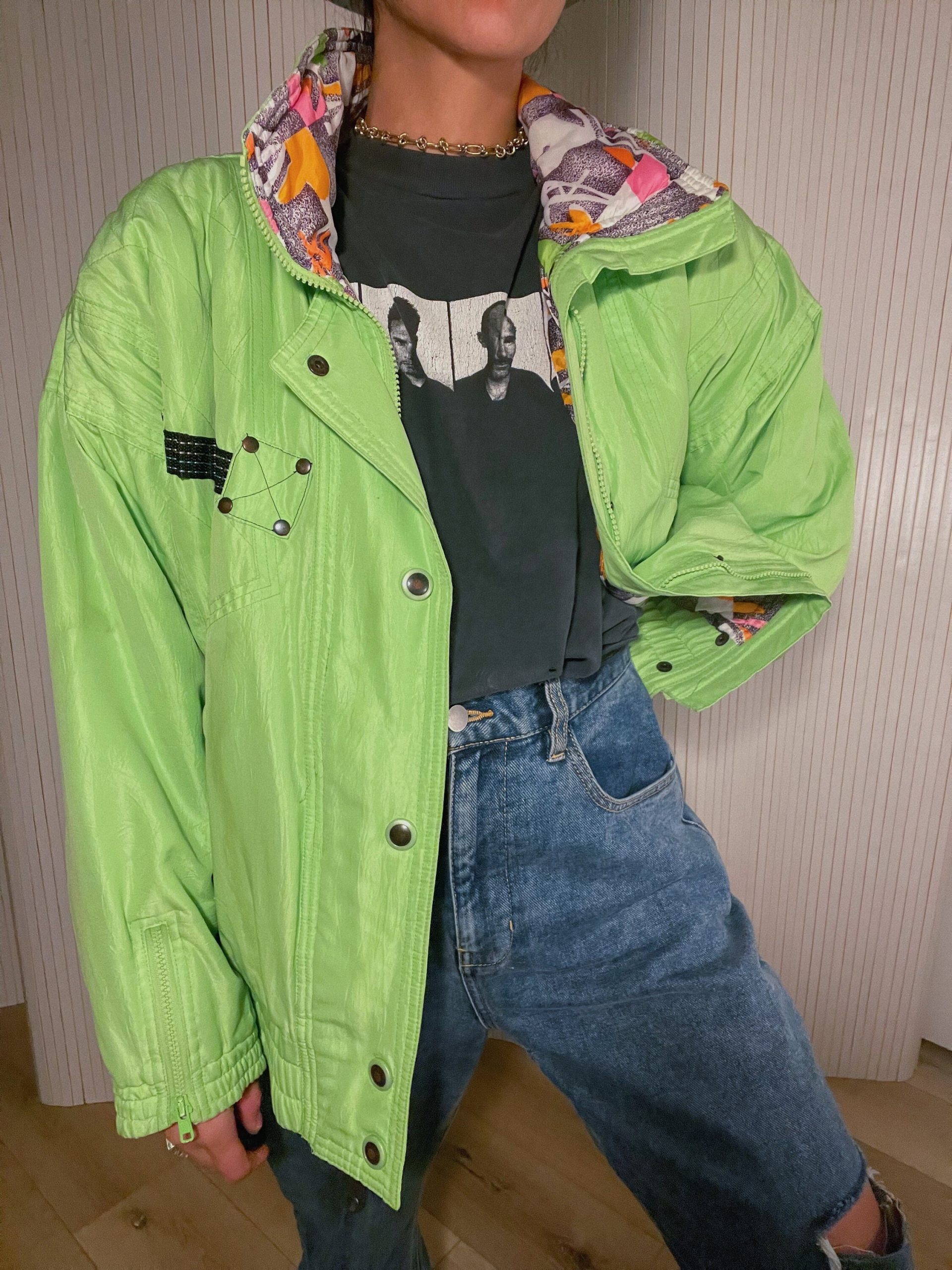 Vintage Retro Ski Jacket in Neon Green With Pattern At Collar | 1990S - 1980S Minimal Everyday