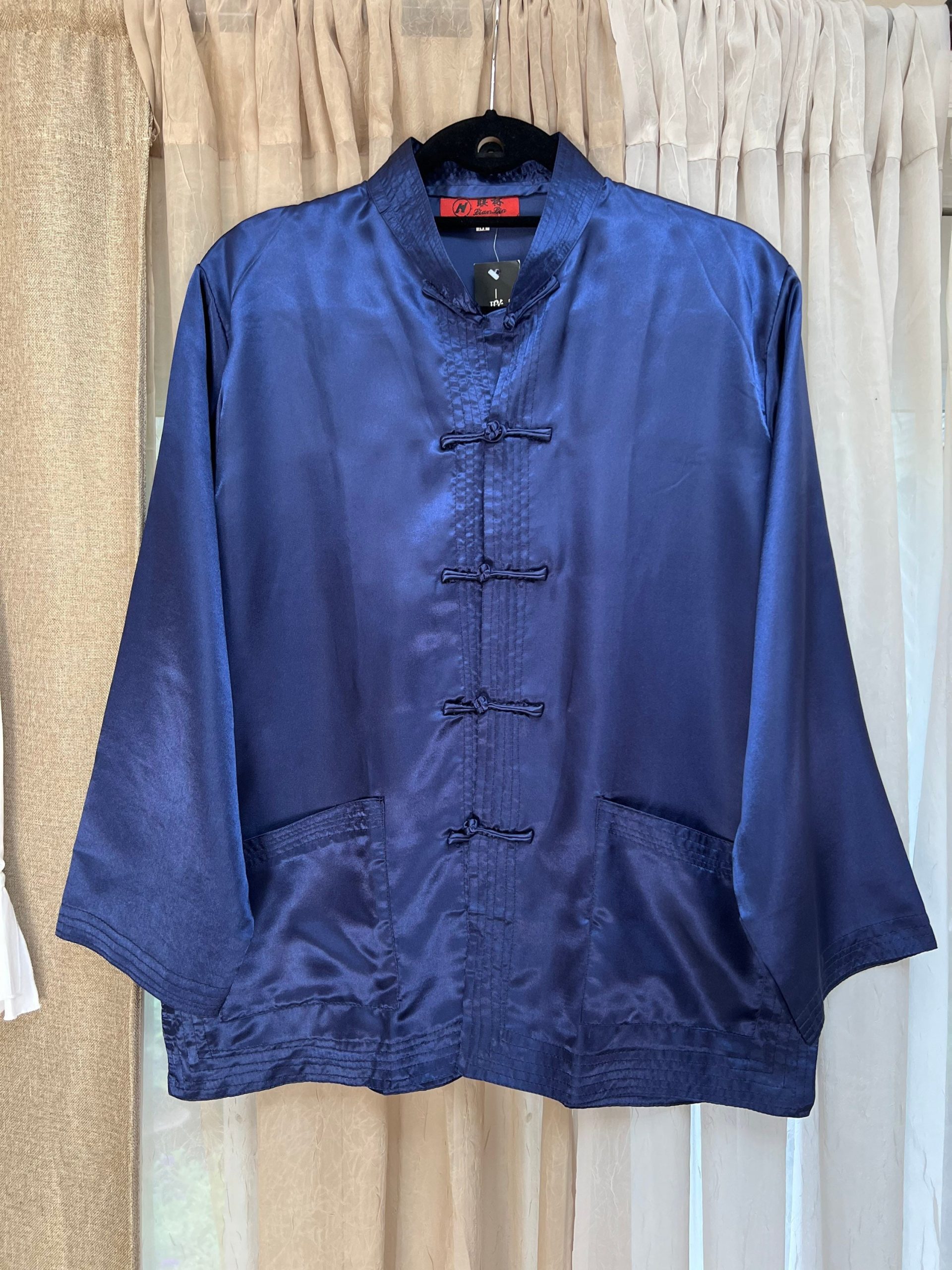 Vintage Royal Blue Satiny Asian Inspired Top M/L, Trapunto Stitched Trim Oriental Tunic Dark Toggle Buttons Traditional Blouse