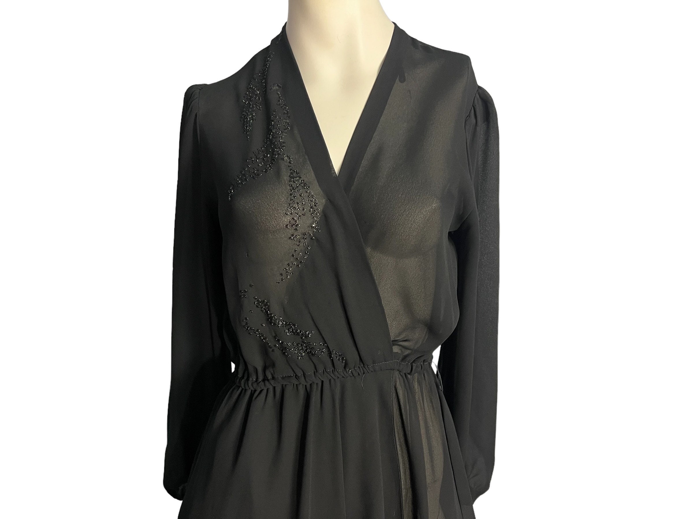 Vintage Sheer Black 70's Wrap Top Dress Alexis M