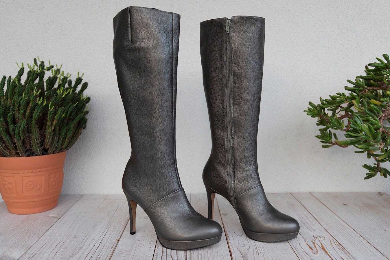 Vintage Silver Leather High Heel Boots